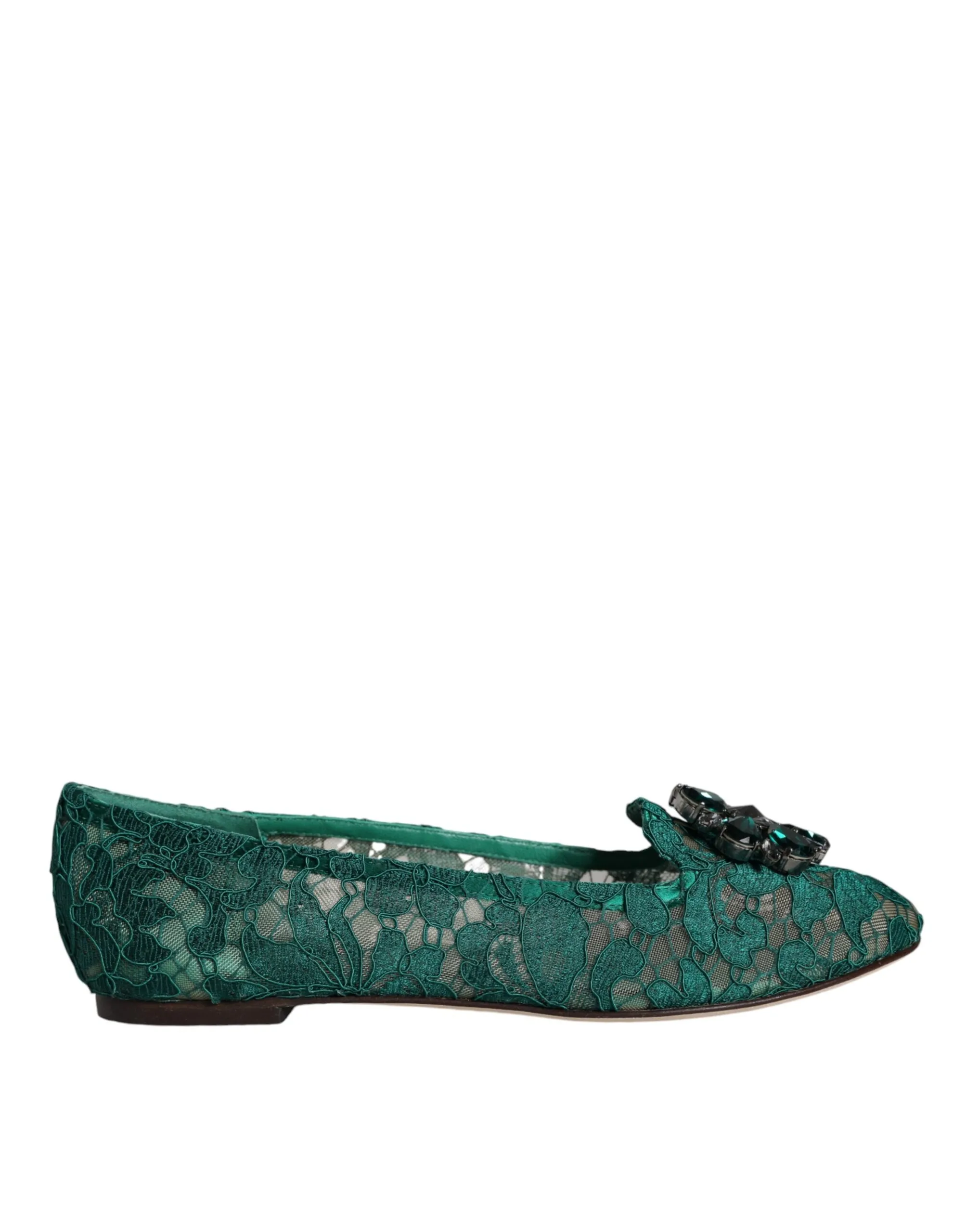 Dolce & Gabbana Women's Green Lace Crystal Ballet Flats Loafer Shoes