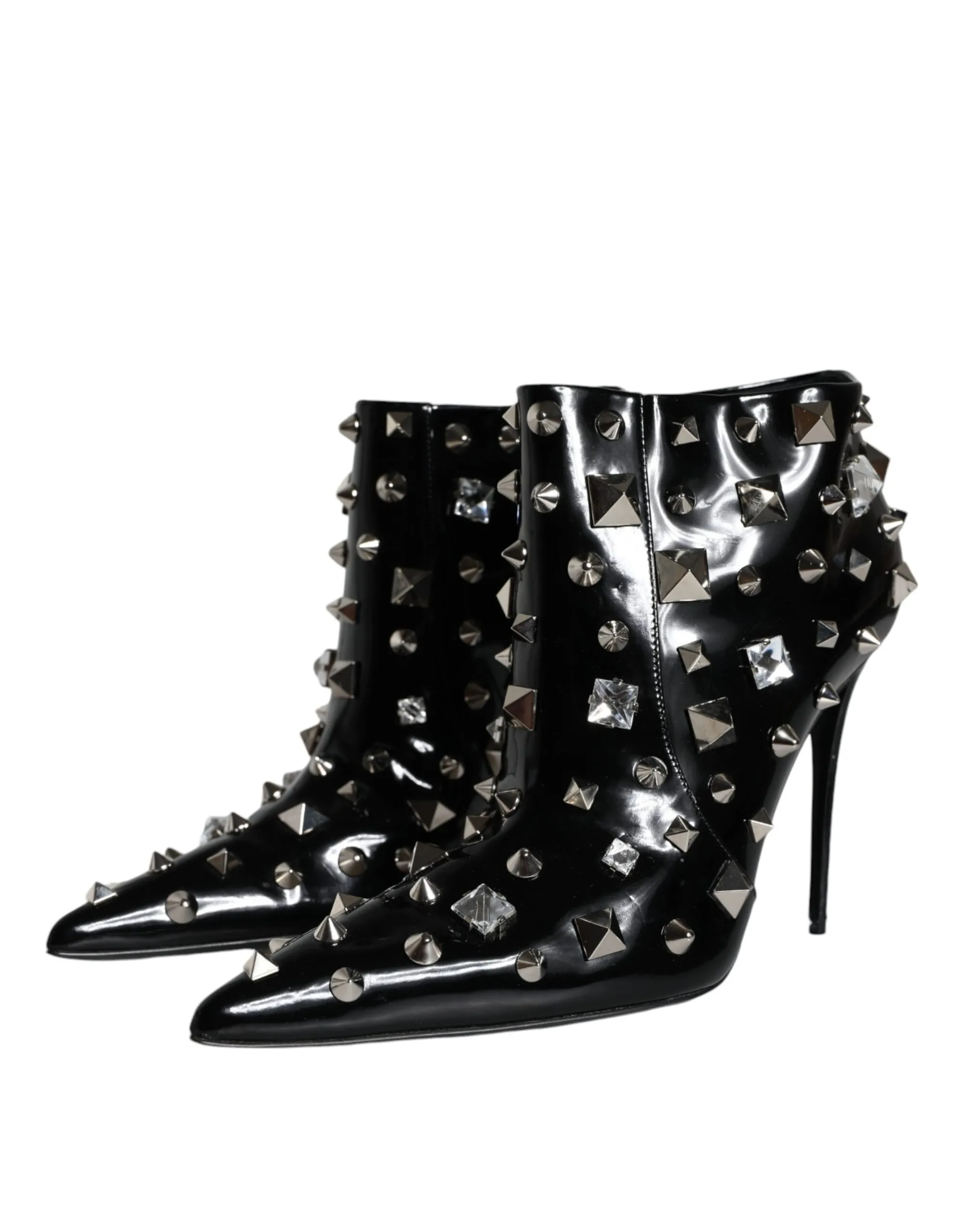 Dolce & Gabbana Women's Black Leather Studs Crystal Ankle Boots Shoes