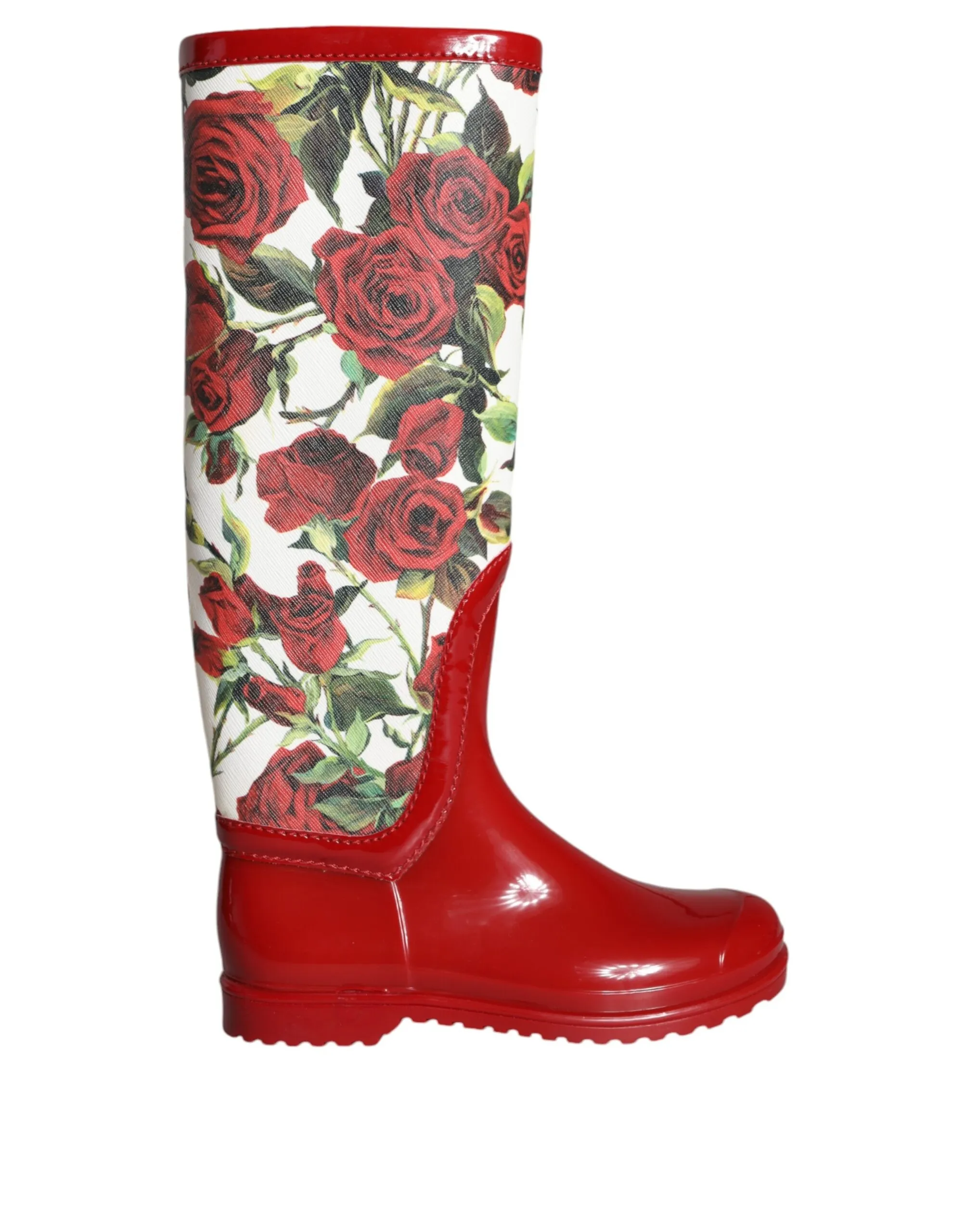 Dolce & Gabbana Women's Red Floral Rubber Knee High Flat Boots Shoes