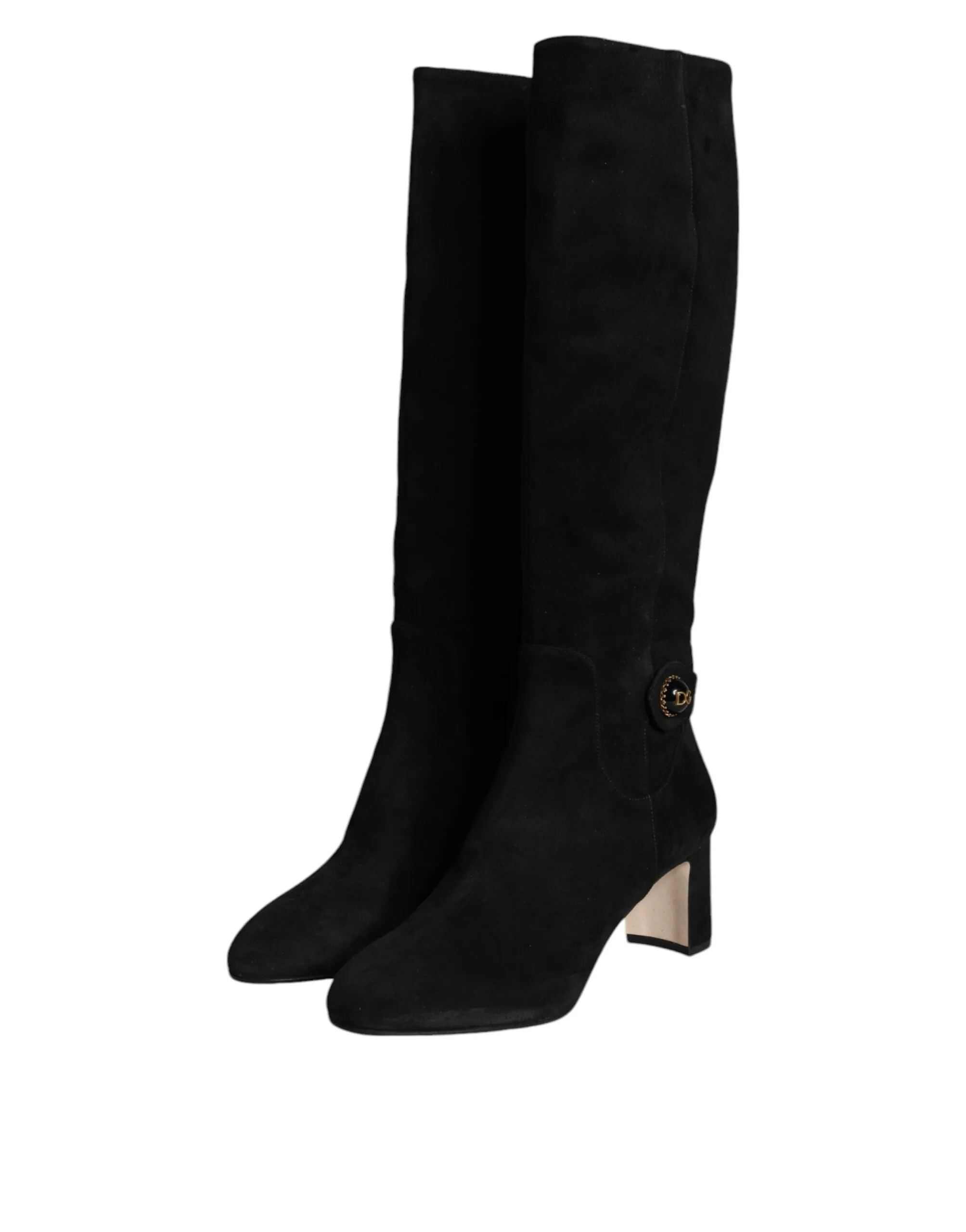 Dolce & Gabbana Women's Black Suede Leather Logo Knee High Boots Shoes