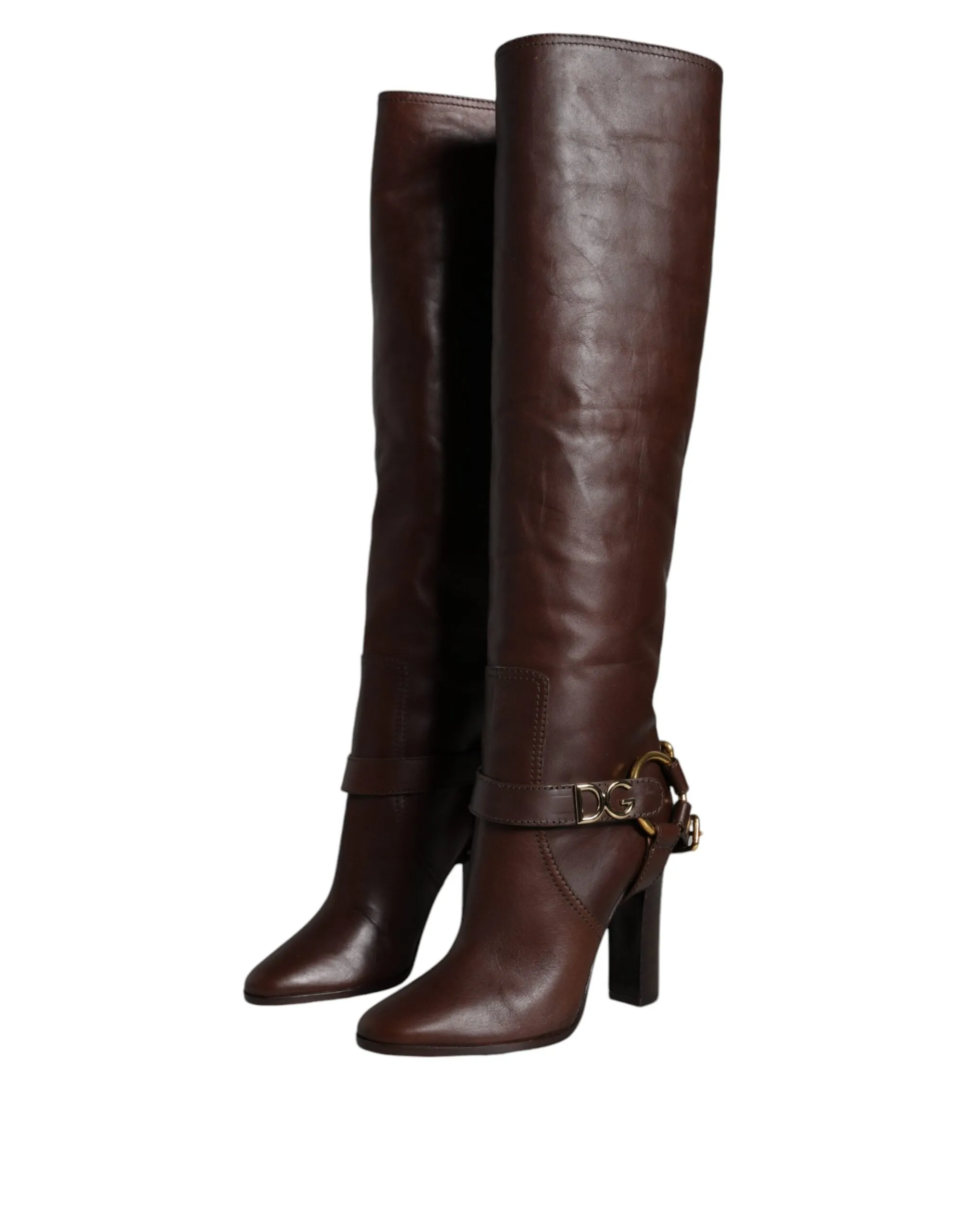 Dolce & Gabbana Women's Brown Leather Gold Tone Logo High Boots Shoes