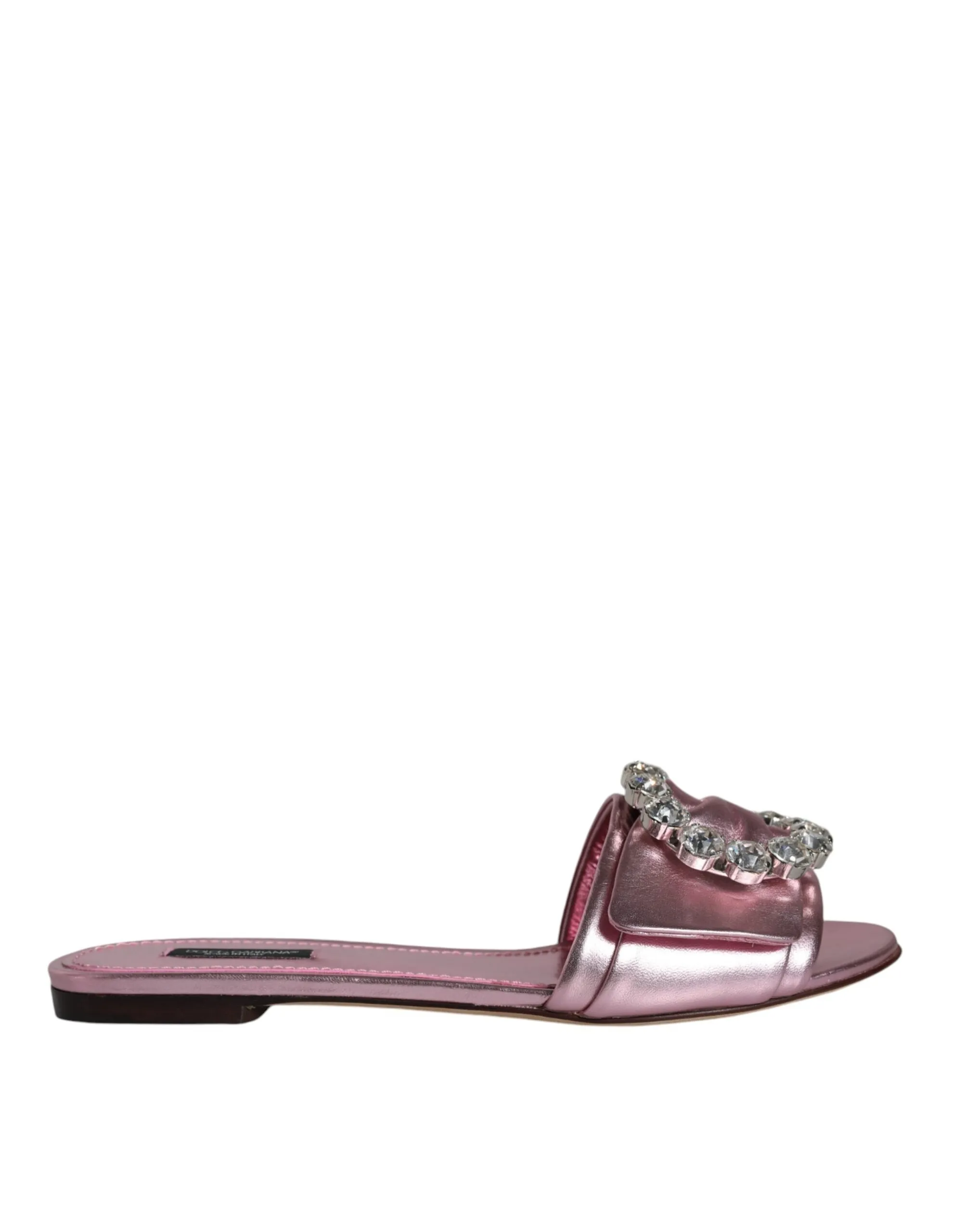 Dolce & Gabbana Women's Metallic Pink Crystal Leather Flats Sandals Shoes