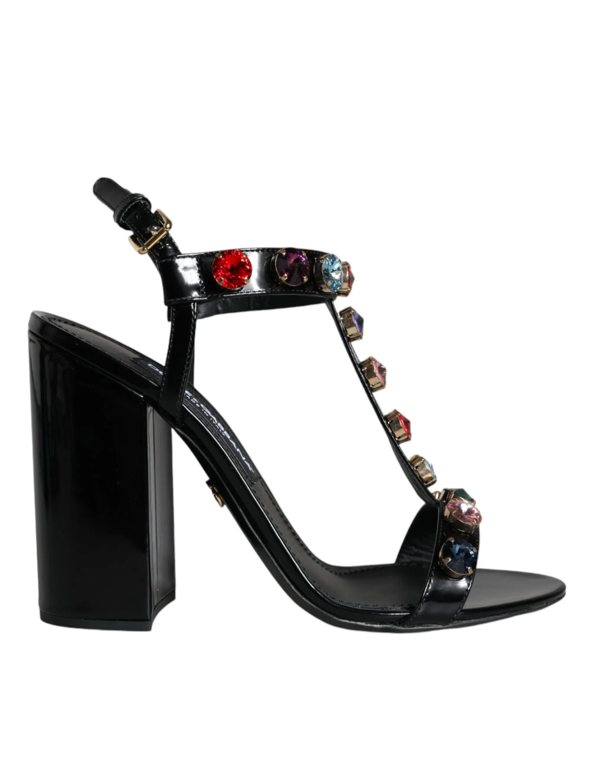 Dolce & Gabbana Women's Black Crystal Leather T-strap Sandals Shoes
