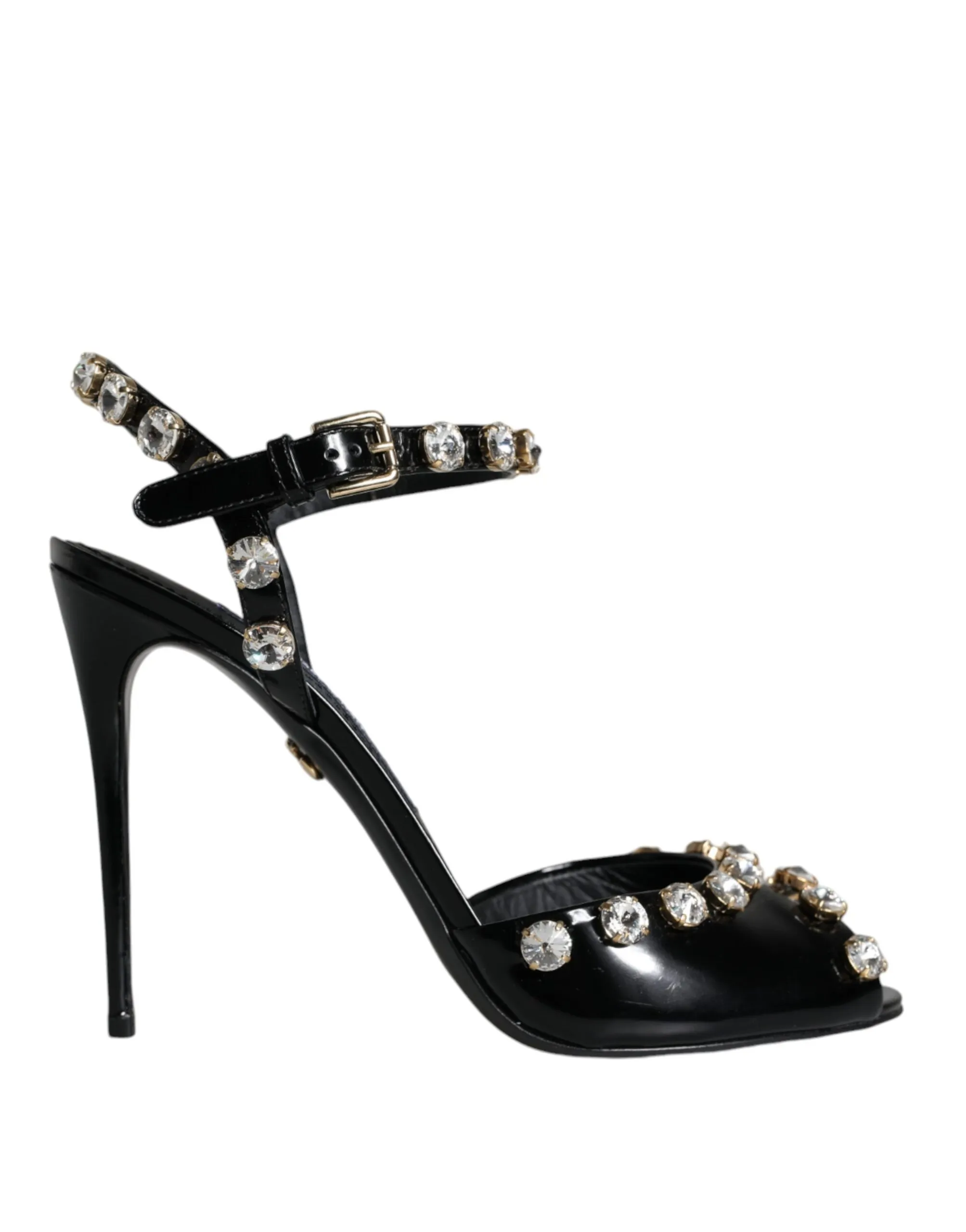 Dolce & Gabbana Women's Black Leather Crystal Ankle Strap Sandals Shoes