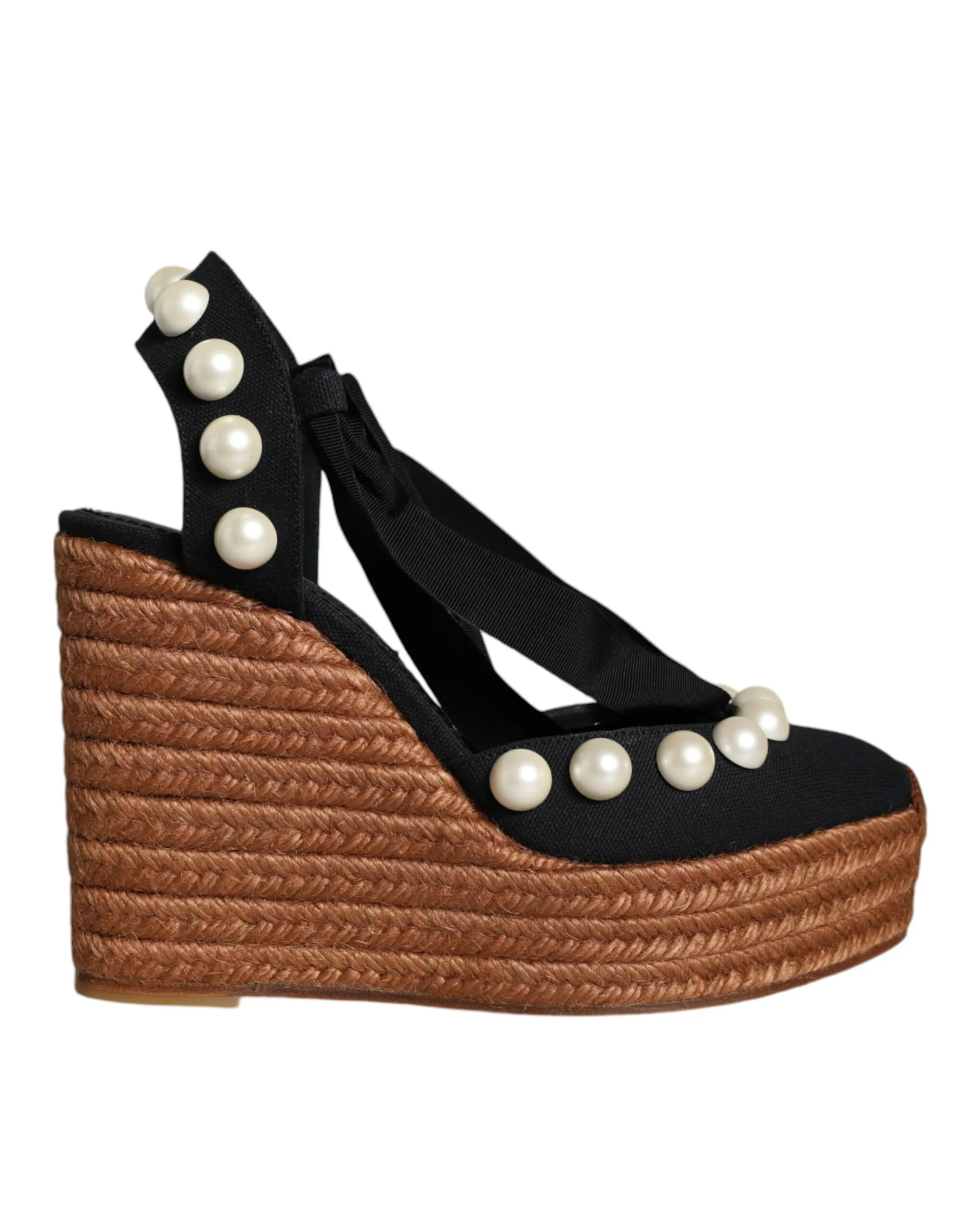 Dolce & Gabbana Women's Black Pearl Wedge Heels Sandals Shoes