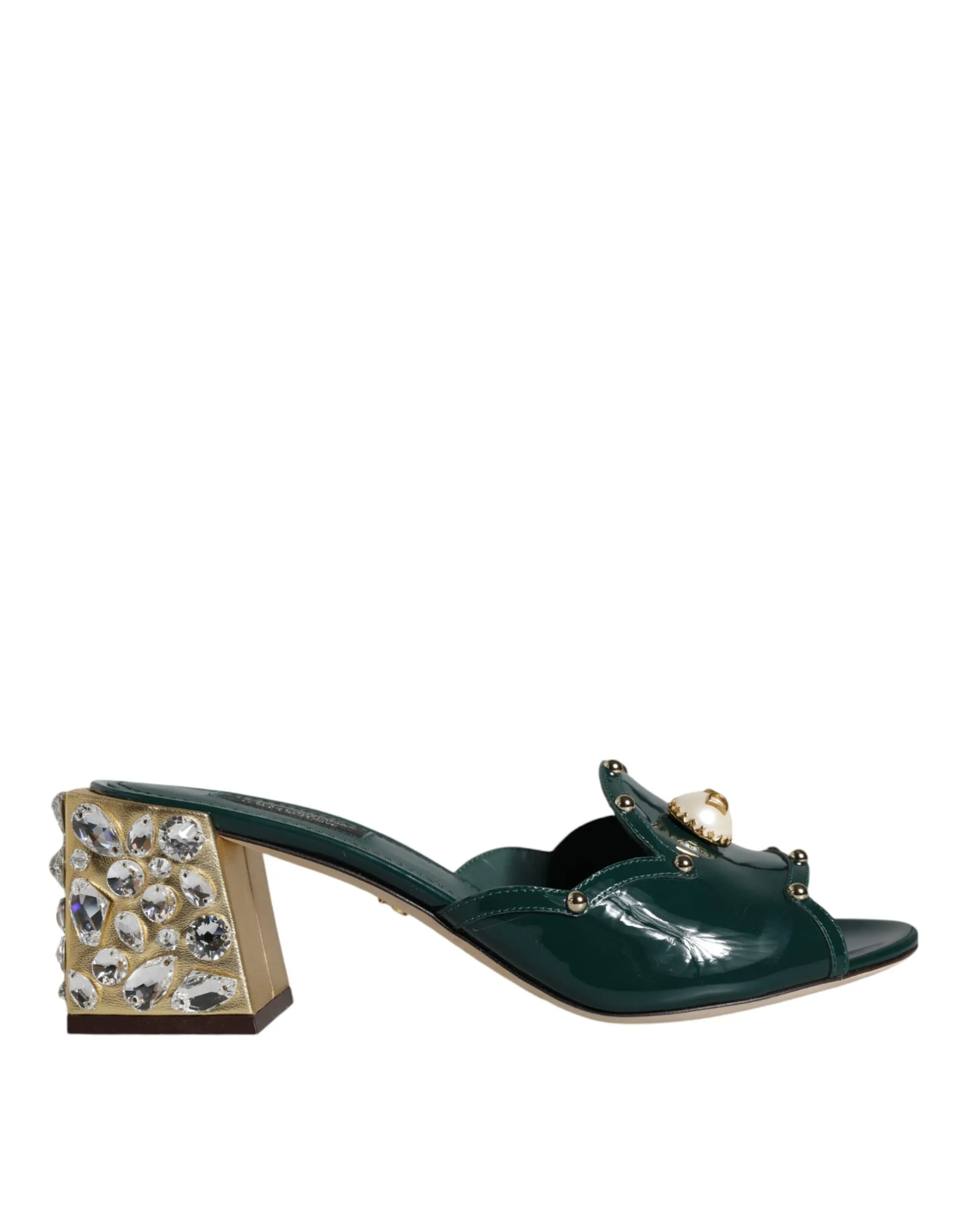 Dolce & Gabbana Women's Green Crystal Leather Slides Sandals Shoes