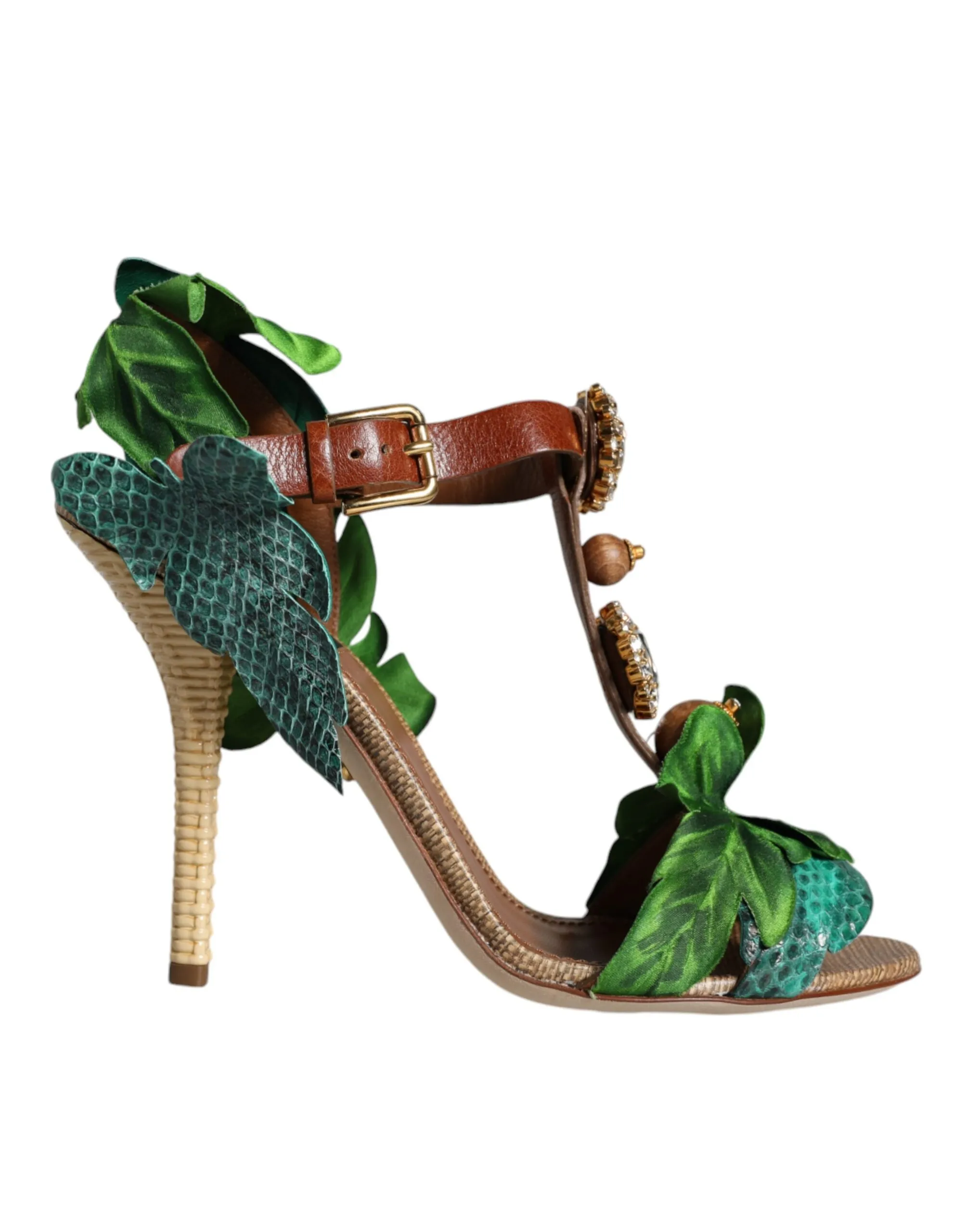 Dolce & Gabbana Women's Emerald Embellished Leather Heels Sandals Shoes