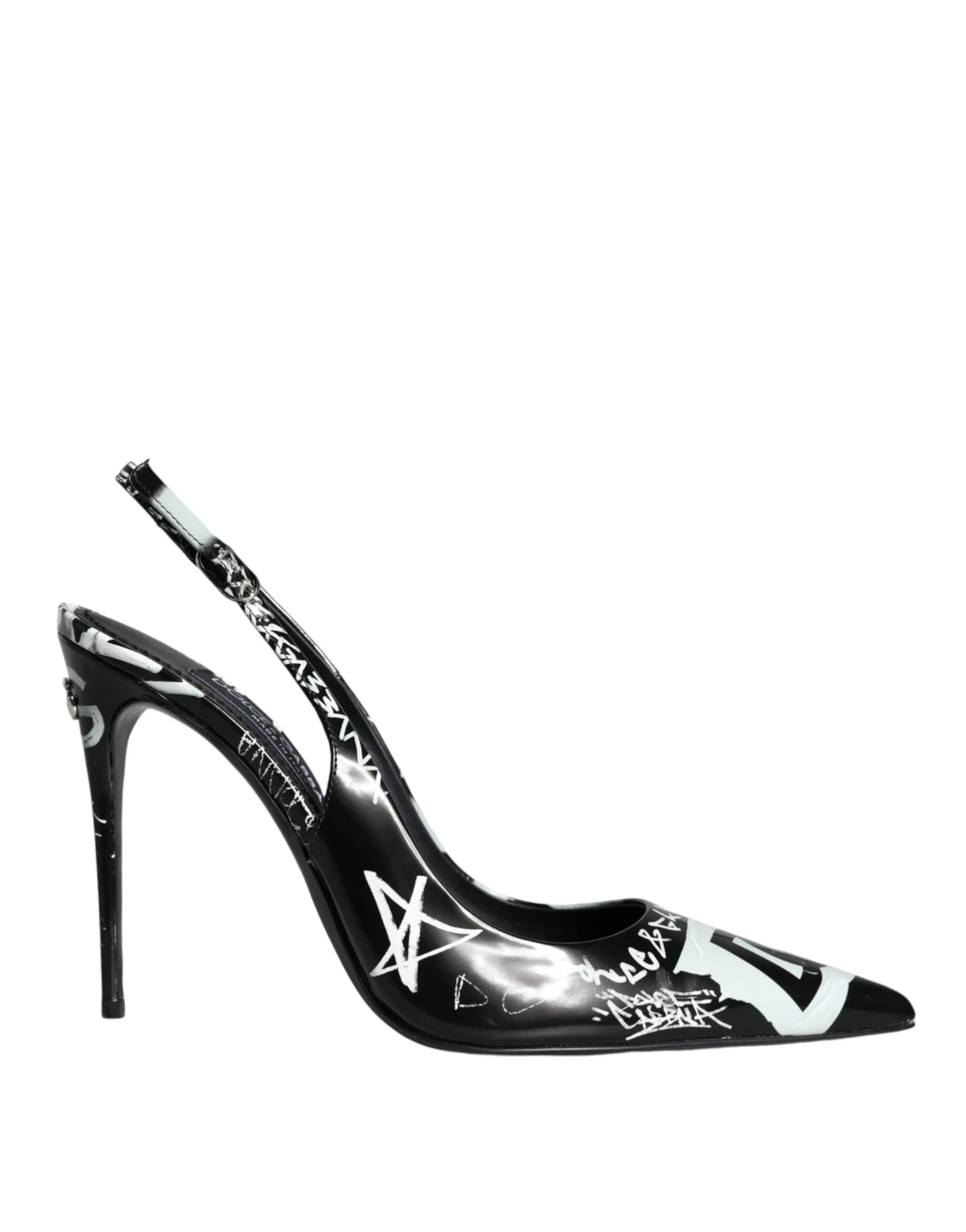 Dolce & Gabbana Women's Black Graffiti Leather Slingback Heels Pumps Shoes