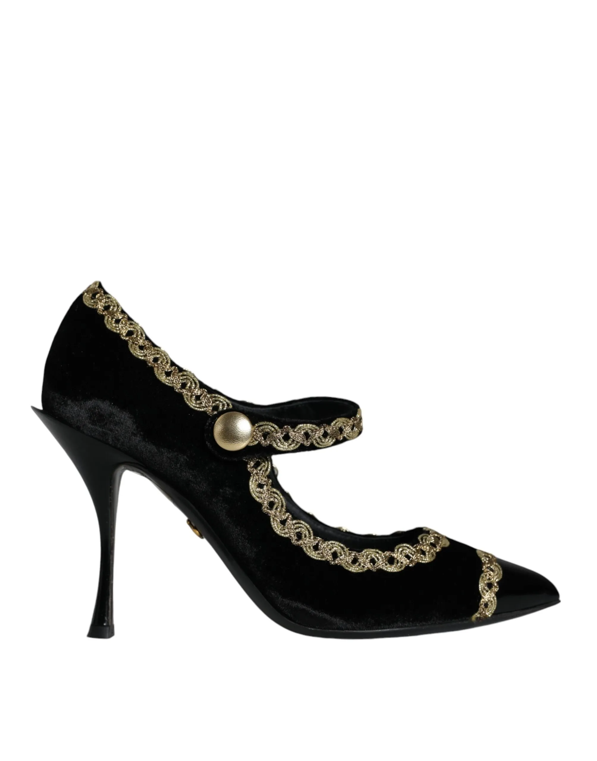 Dolce & Gabbana Women's Black Mary Janes Velvet Gold Pumps Shoes