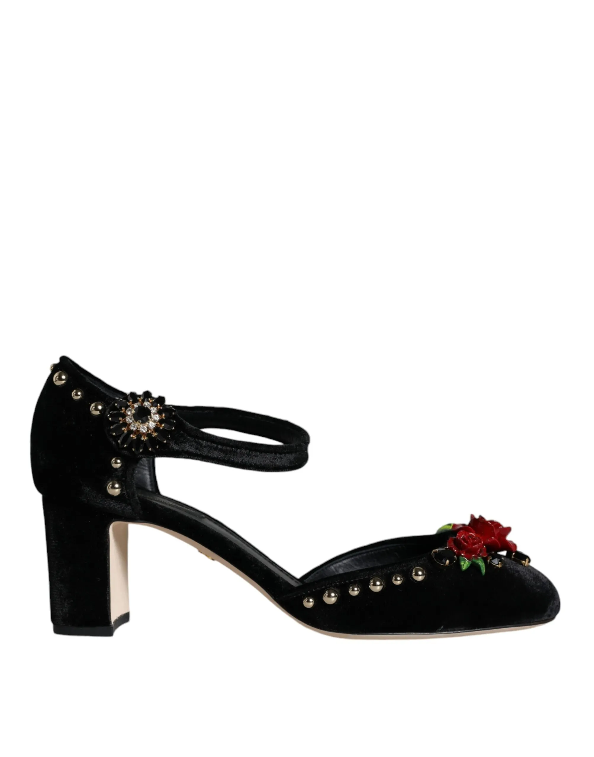 Dolce & Gabbana Women's Black Velvet Roses Ankle Strap Pumps Shoes