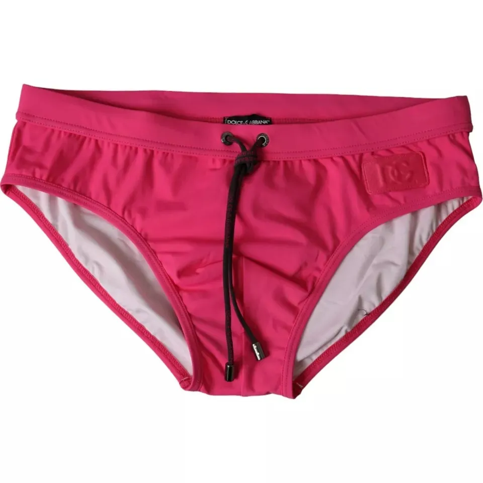 Dolce & Gabbana Men's Pink Nylon DG Logo Beachwear Brief Swimwear Men