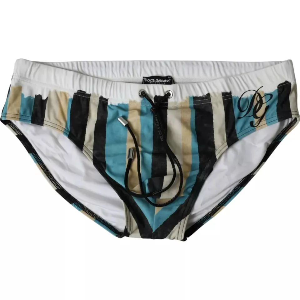 Dolce & Gabbana Men's Multicolor Stripes Logo Beachwear Brief Swimwear