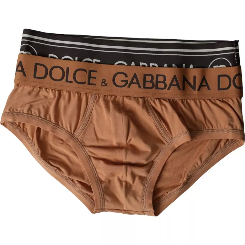 Dolce & Gabbana Men's Brown Black Logo Cotton Stretch Mid Slip Underwear