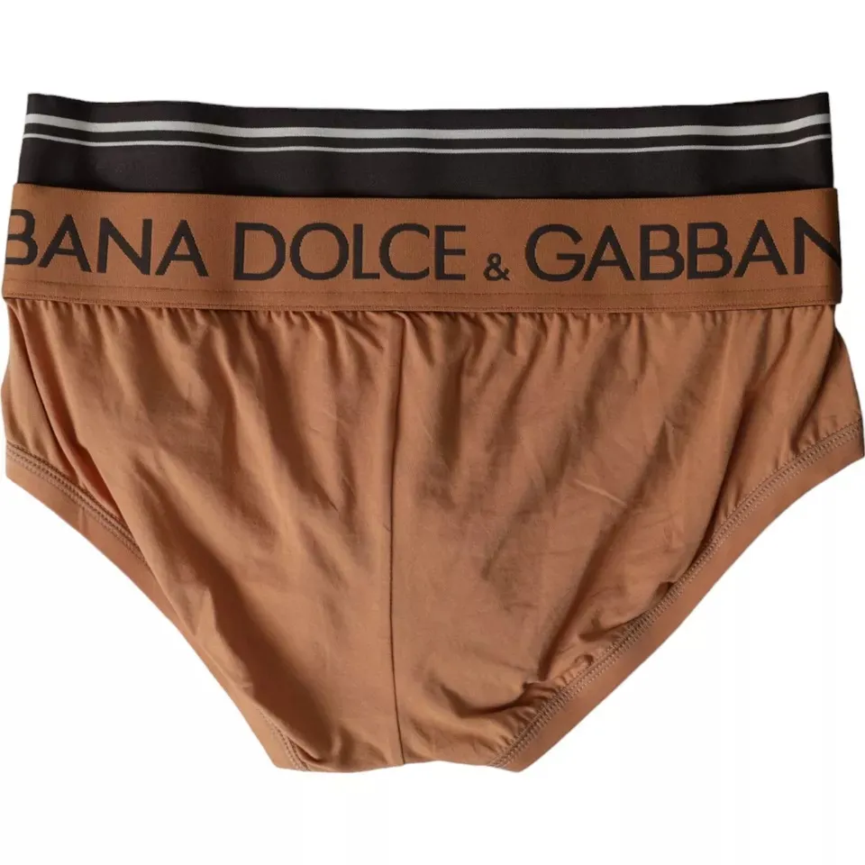 Dolce & Gabbana Men's Brown Black Logo Cotton Stretch Mid Slip Underwear
