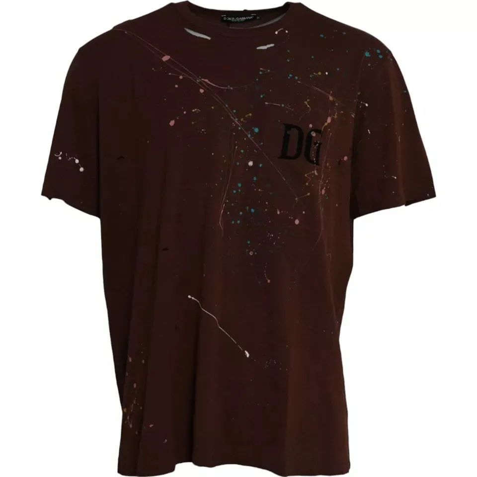 Dolce & Gabbana Men's Brown Color Splash Cotton Crew Neck T-shirt
