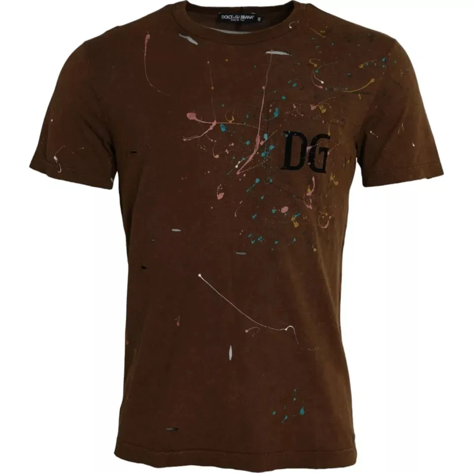 Dolce & Gabbana Men's Brown Color Splash Cotton Crew Neck T-shirt