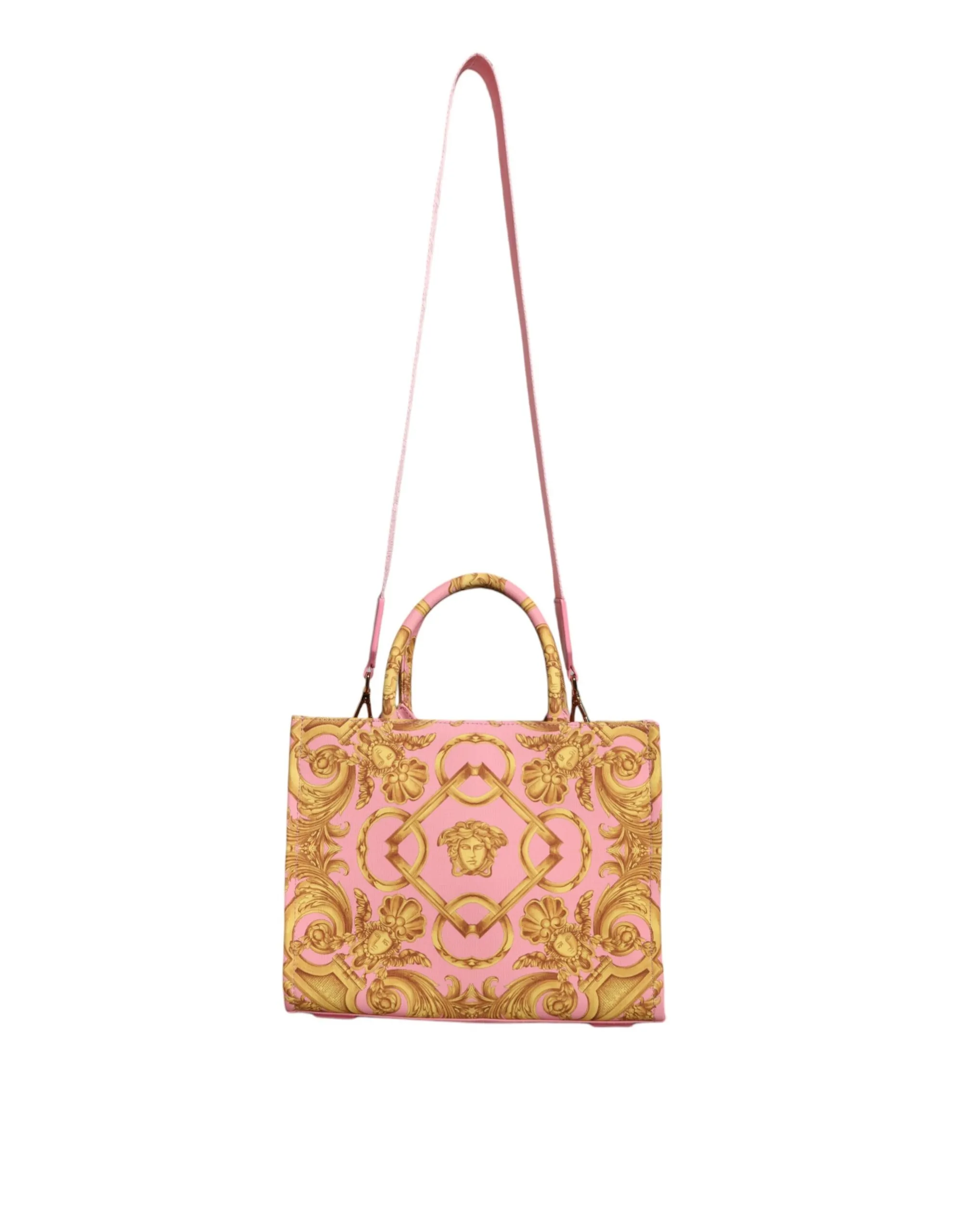 Versace Women's Pink Yellow Baroque Fabric Leather Shopping Tote Bag