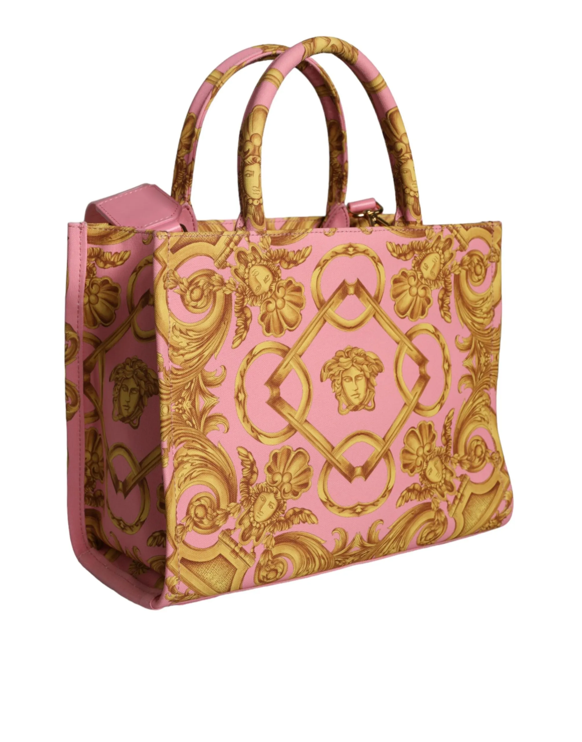 Versace Women's Pink Yellow Baroque Fabric Leather Shopping Tote Bag