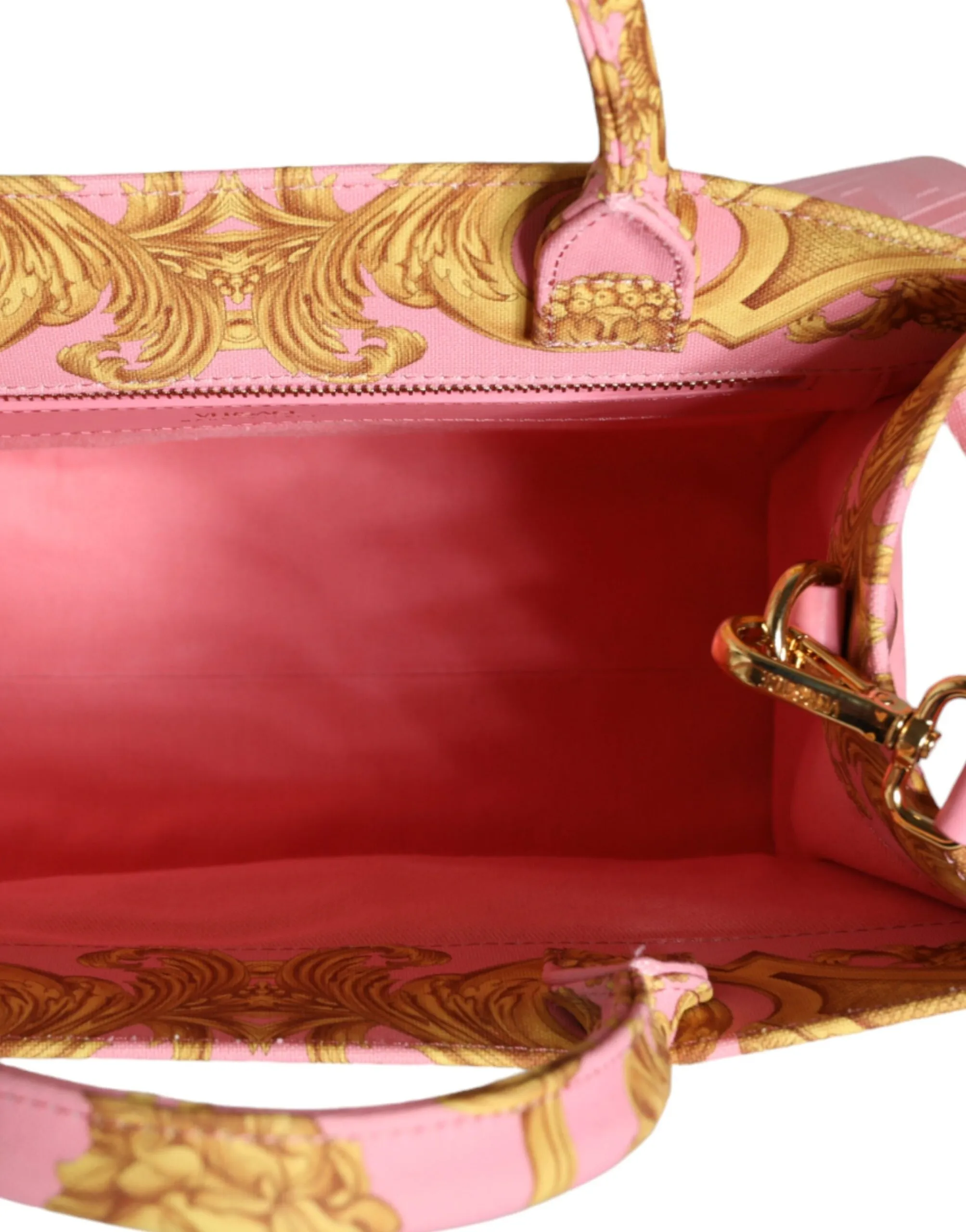 Versace Women's Pink Yellow Baroque Fabric Leather Shopping Tote Bag