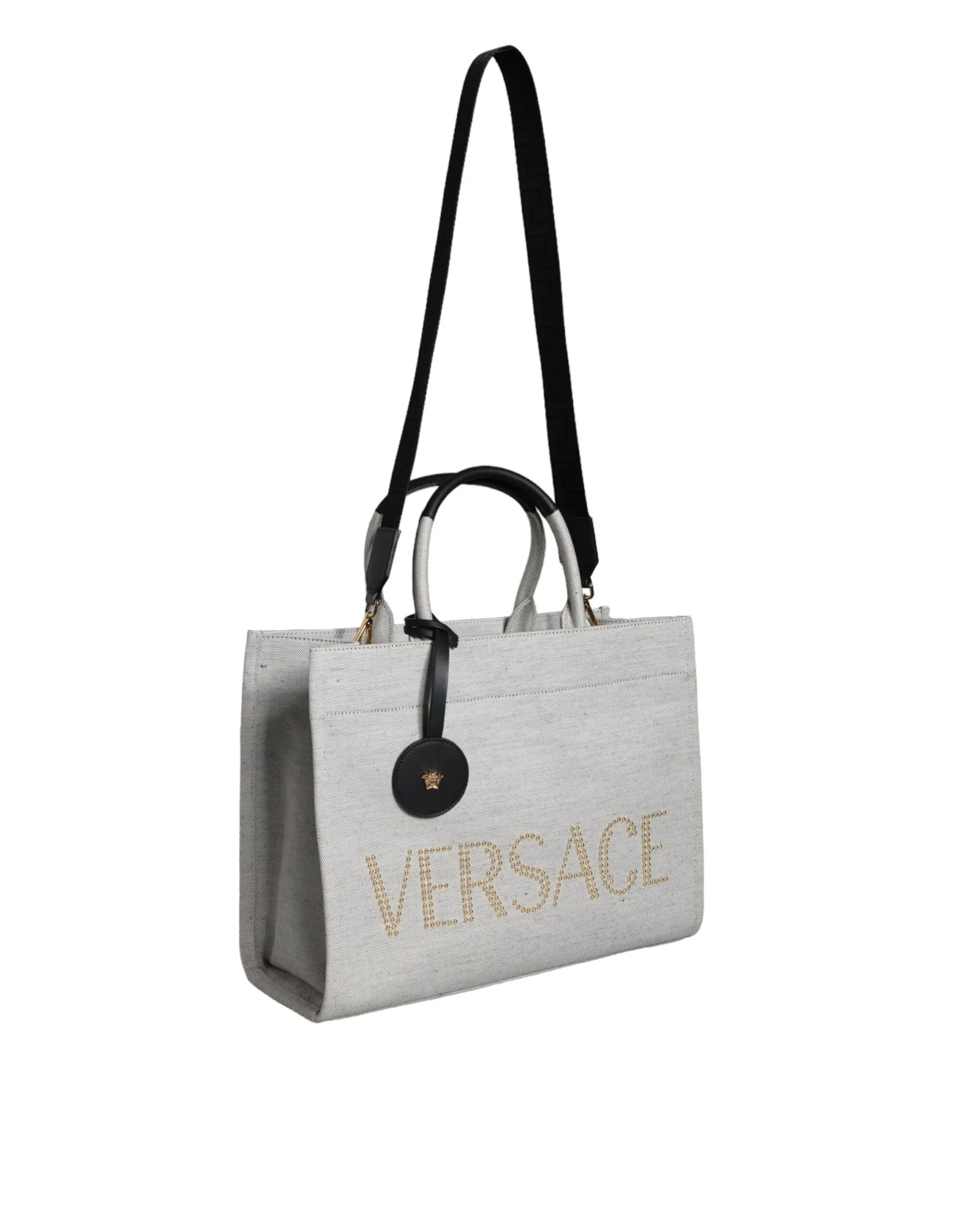 Versace Women's White Top Handle Canvas Leather Logo Crossbody Tote Bag