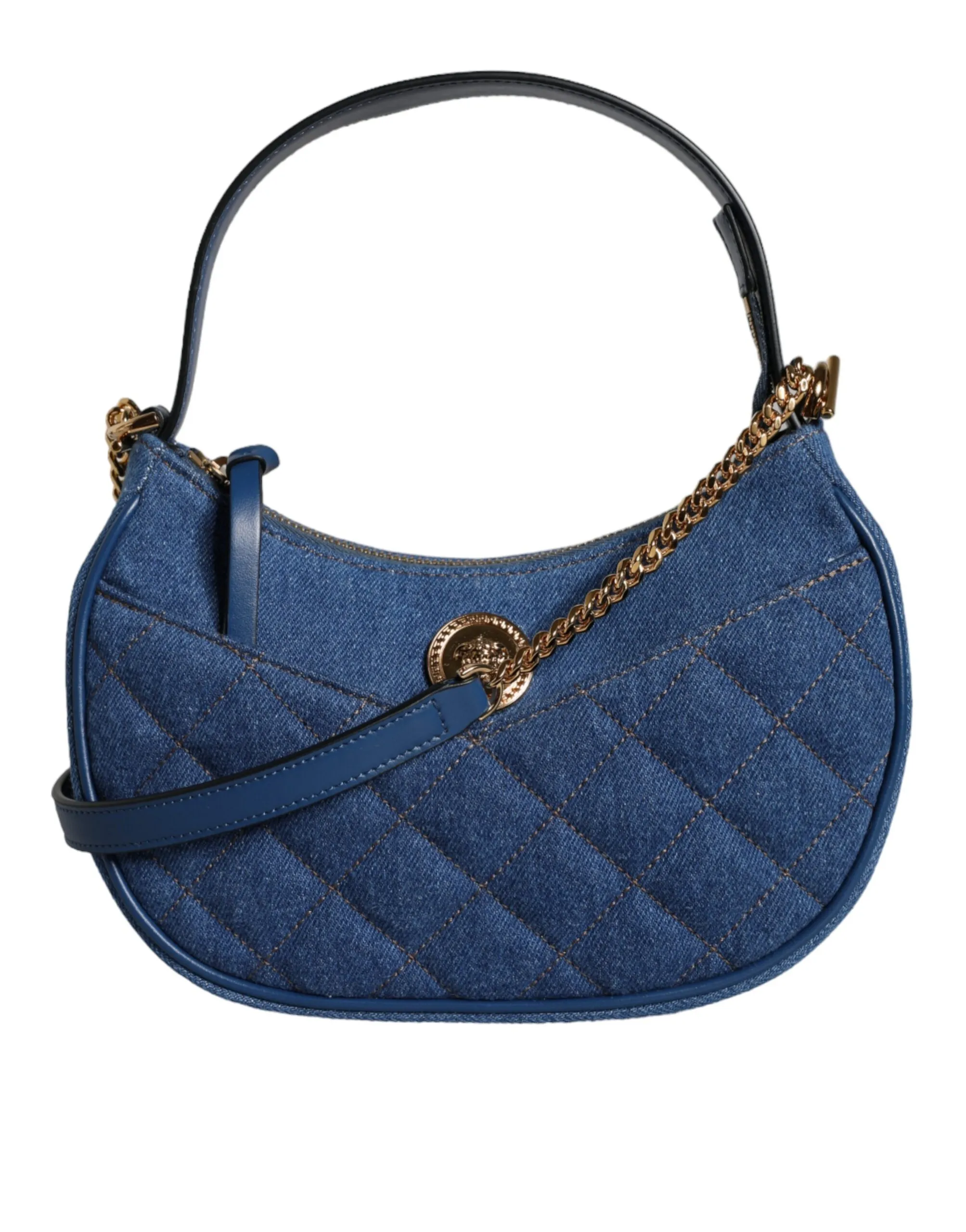 Versace Women's Blue Quilted Denim Leather Top Handle Shoulder Bag