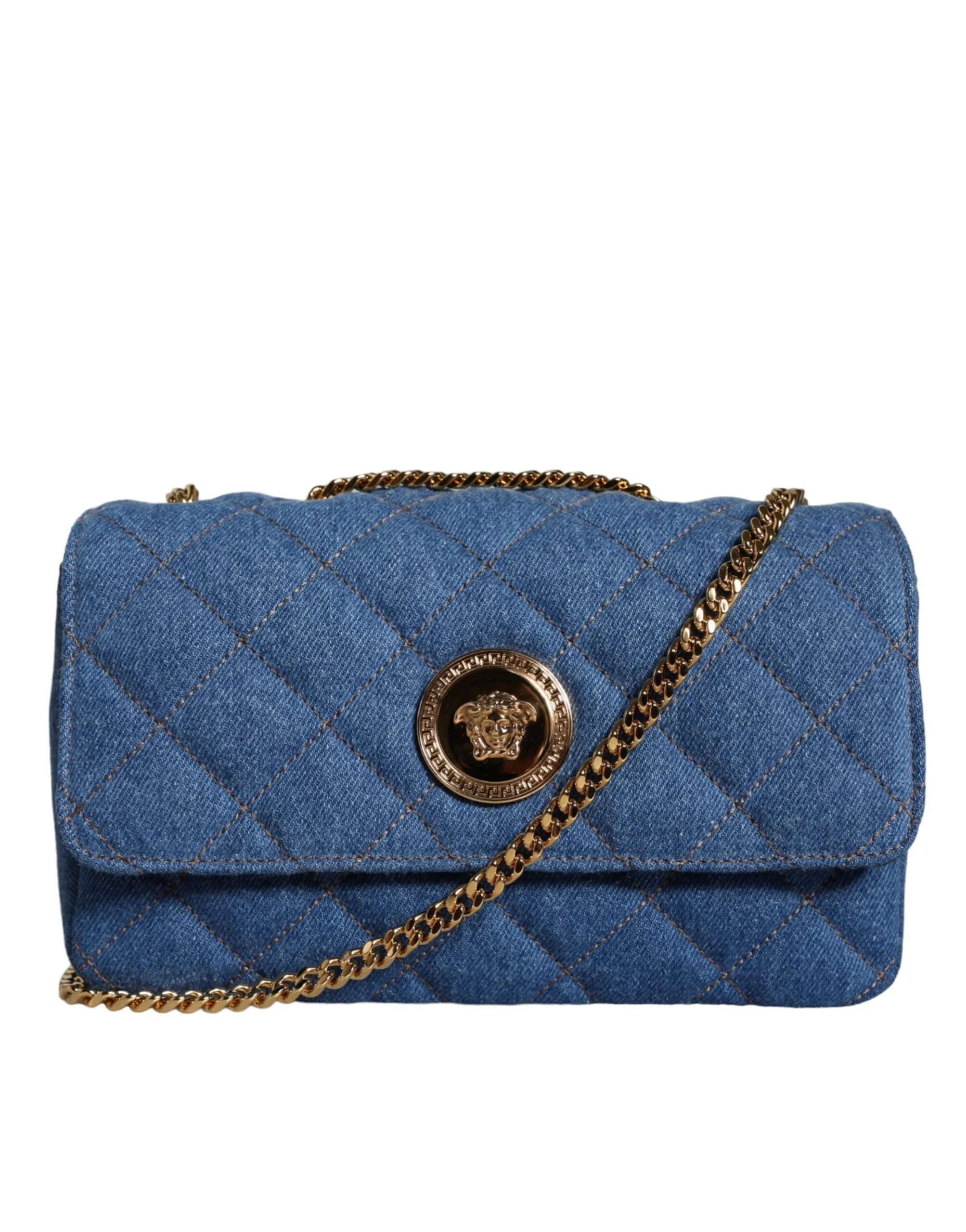 Versace Women's Blue Quilted Denim Leather Crossbody Shoulder Bag