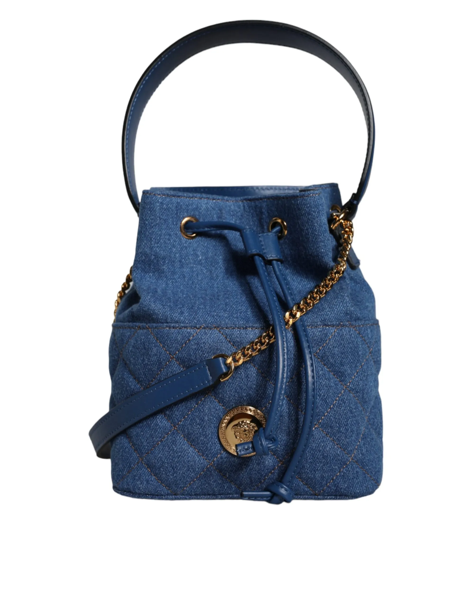 Versace Women's Blue Quilted Denim Leather Crossbody Shoulder Bag