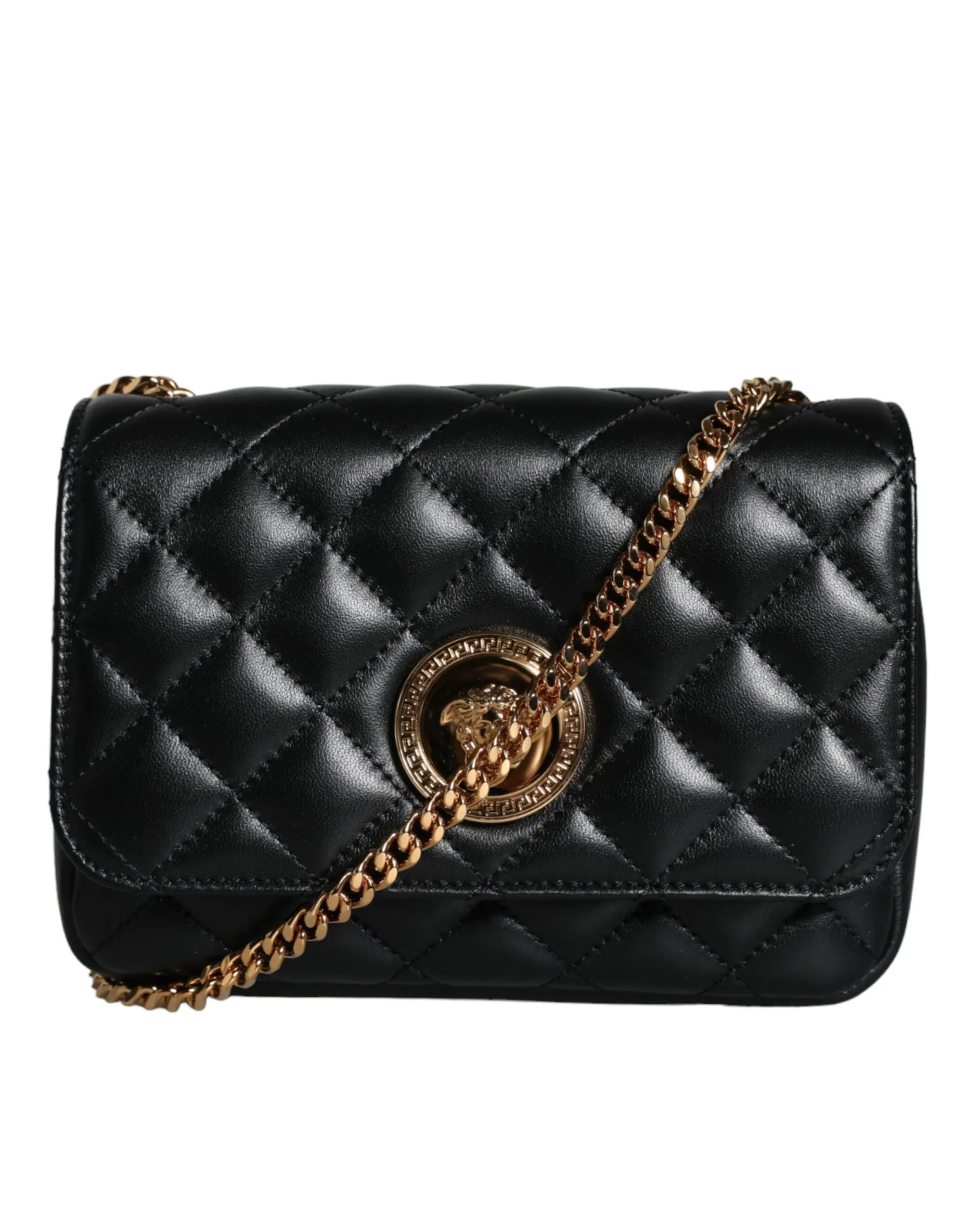 Versace Women's Black Quilted Lambskin Leather Crossbody Shoulder Bag