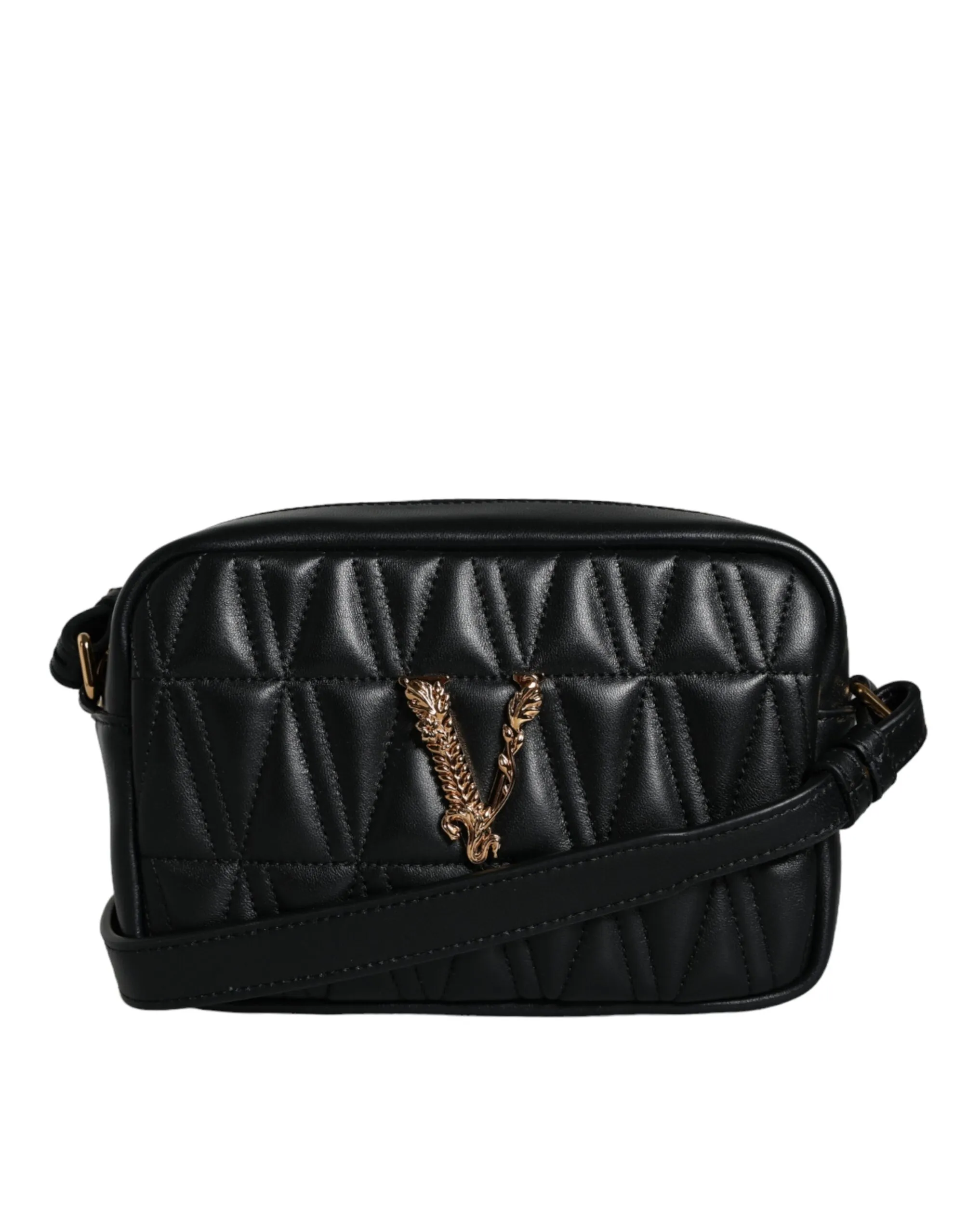 Versace Women's Black Quilted Lamb Leather Camera Case Shoulder Bag