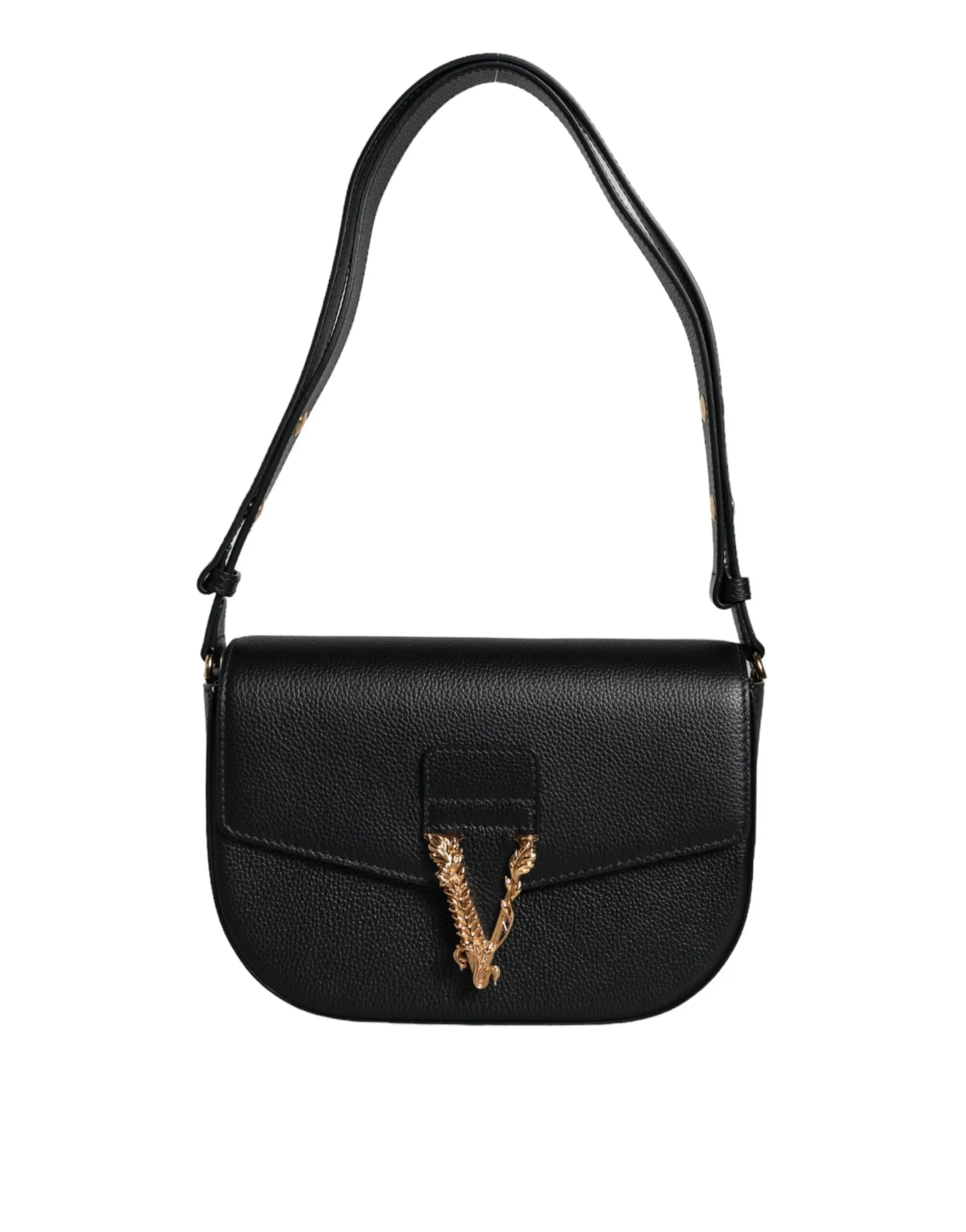 Versace Women's Black Grainy Calf Leather Logo Crossbody Shoulder Bag