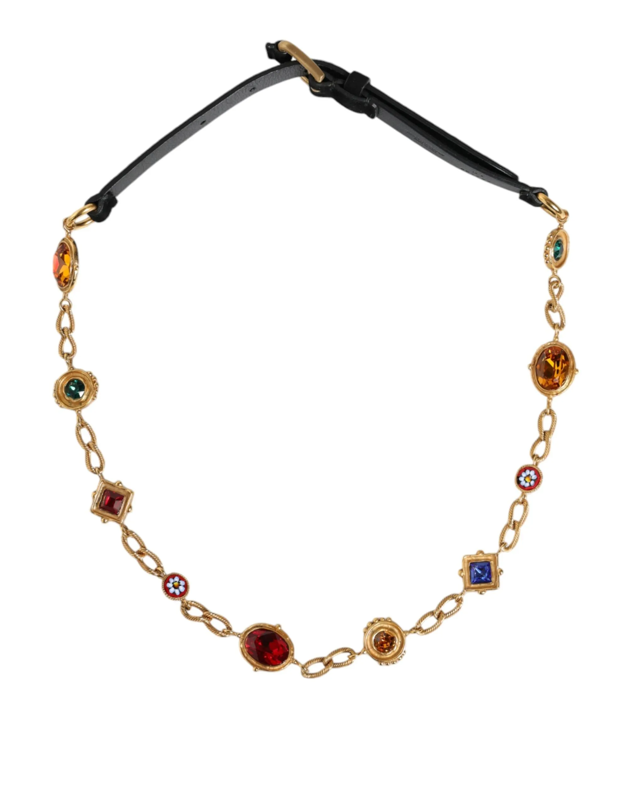 Dolce & Gabbana Women's Black Leather Gold Brass Crystal Chain Waist Belt