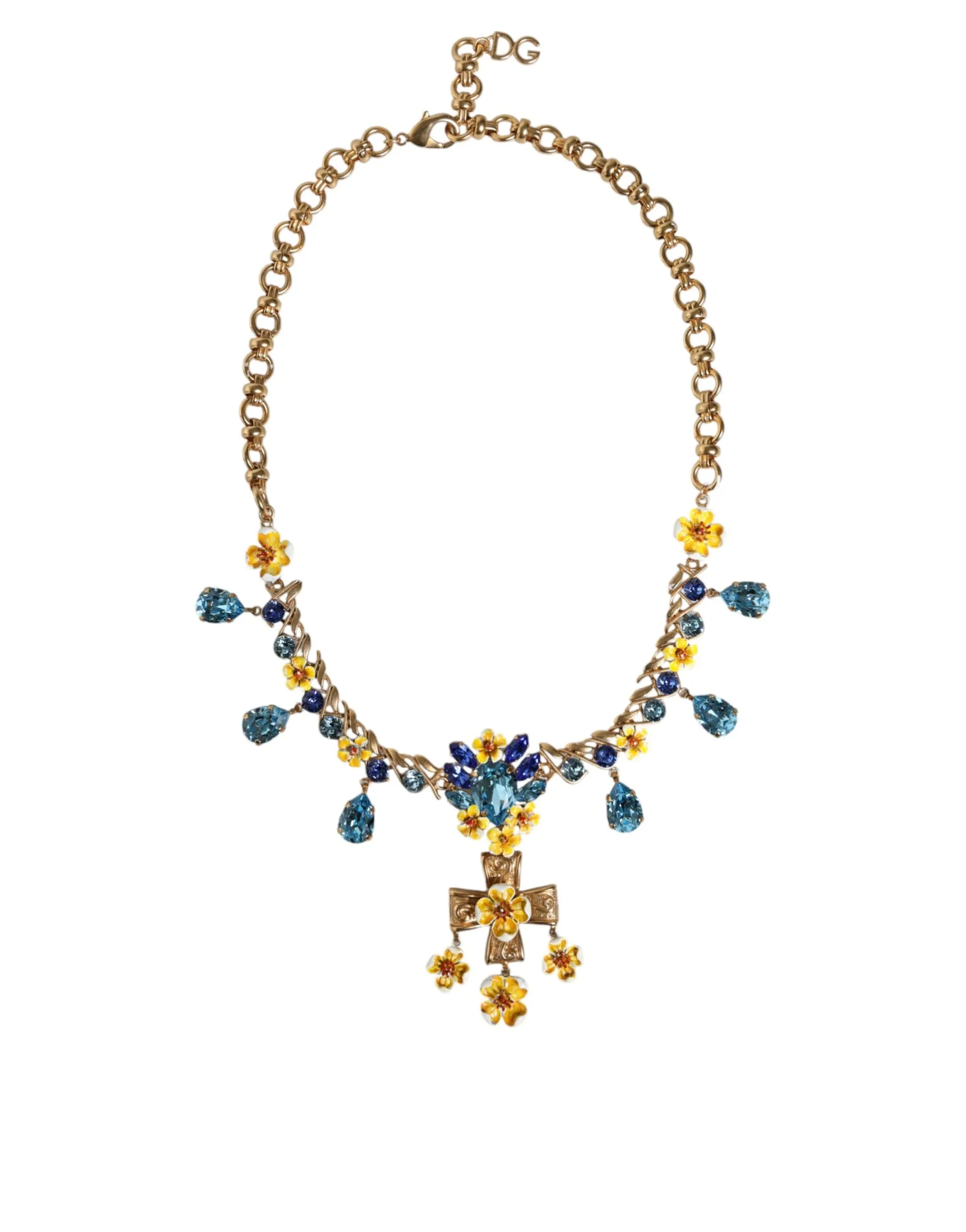 Dolce & Gabbana Women's Gold Brass Chain Floral Crystal Cross Pendant Necklace