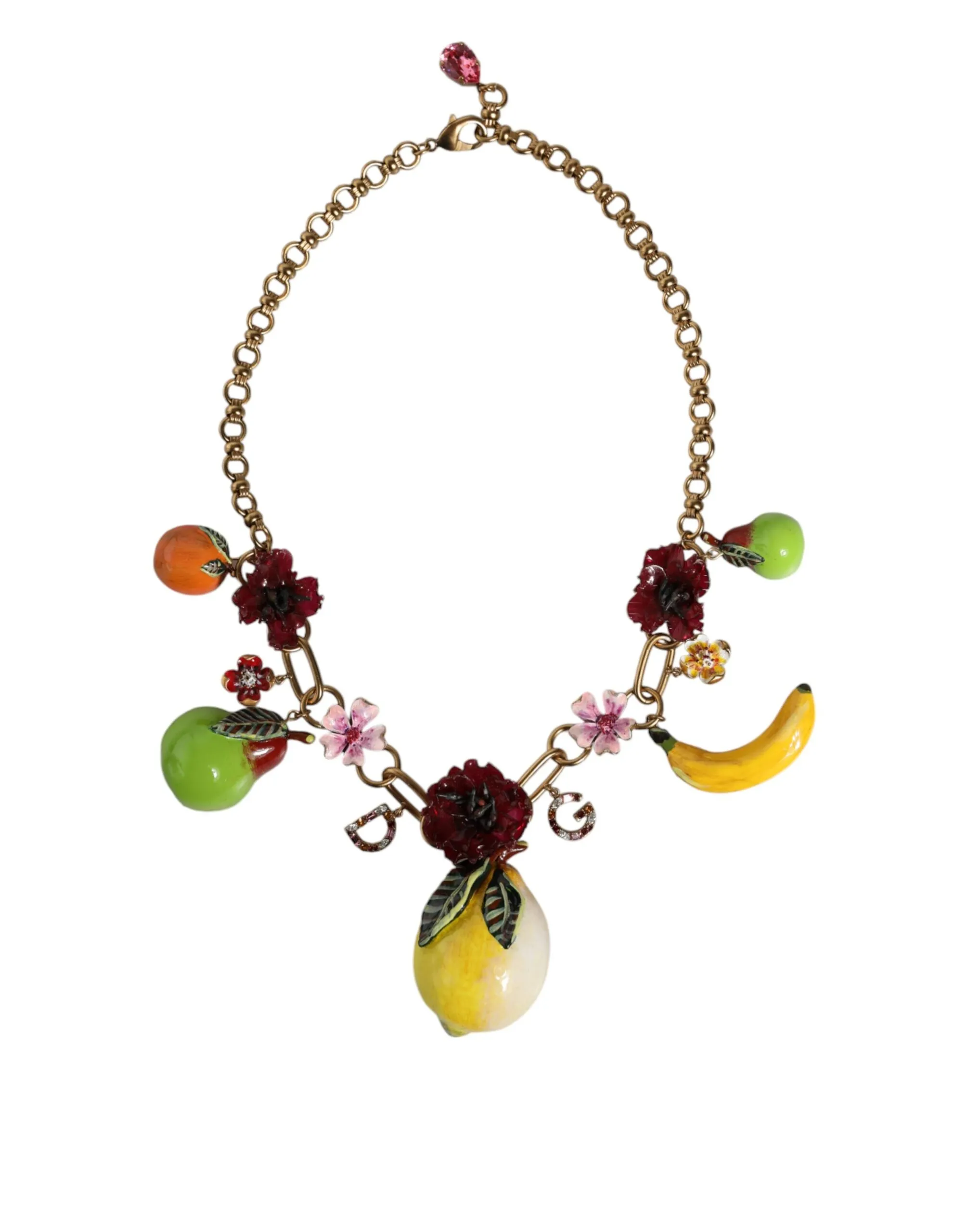 Dolce & Gabbana Women's Gold Brass FRUIT Pendants Flowers Crystal Logo Necklace