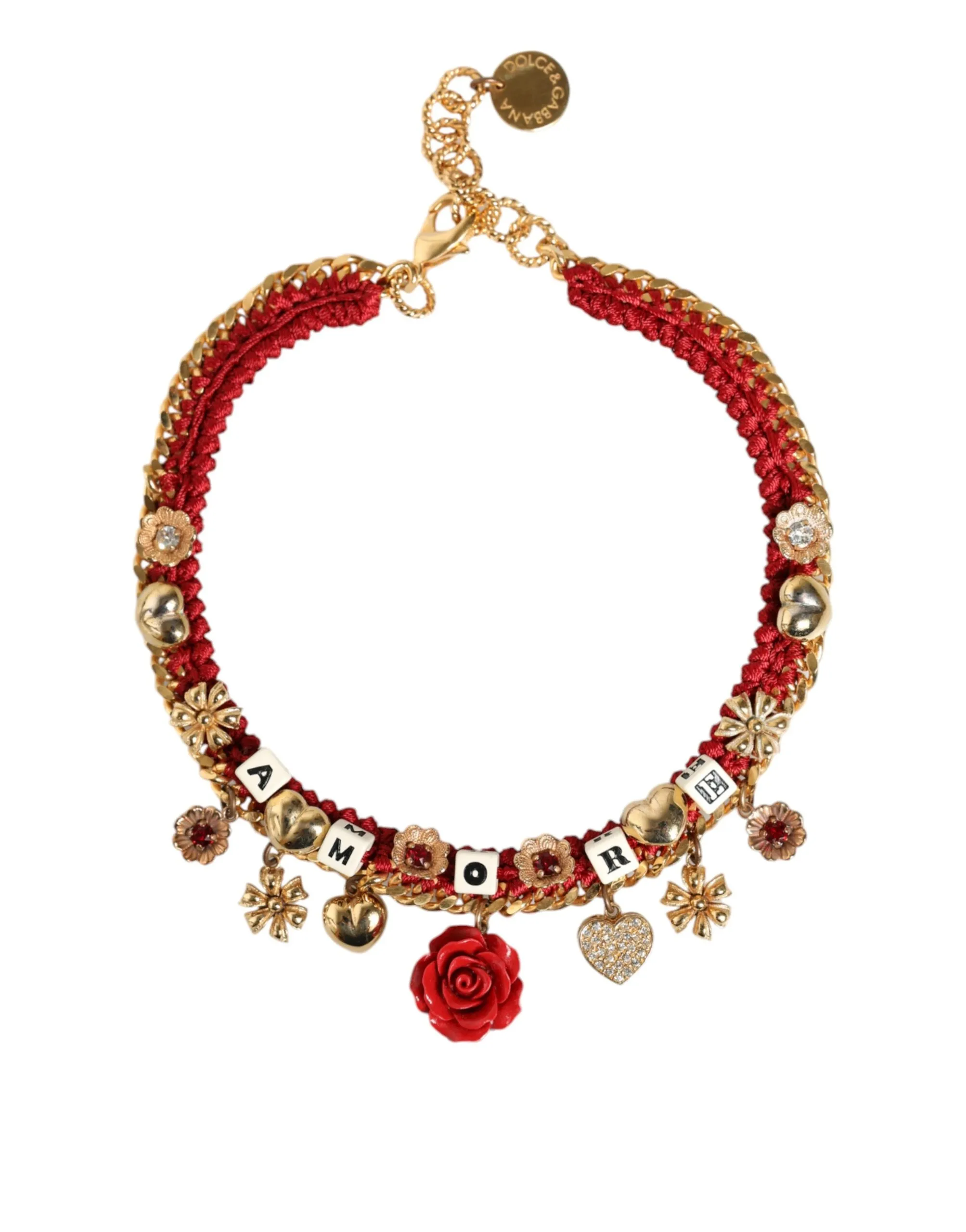 Dolce & Gabbana Women's Gold Tone Choker Amore Red Floral Woven Charm Necklace