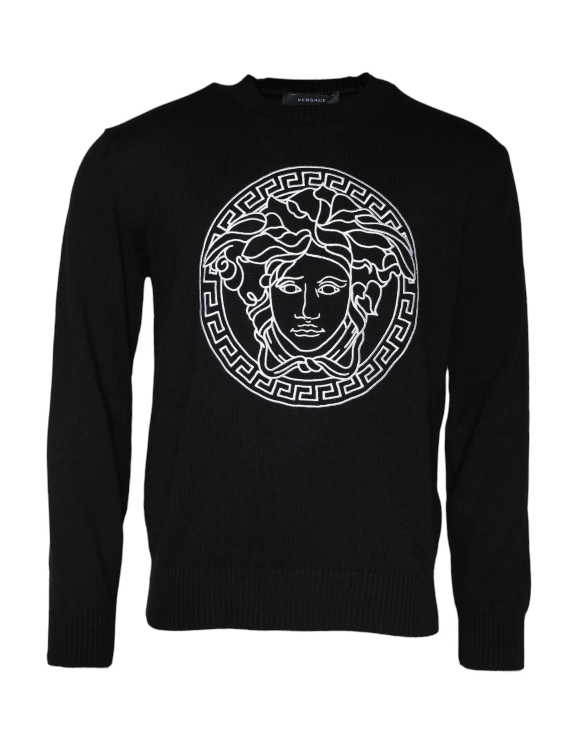 Versace Men's Black Medusa Embroidery Crew Neck Pullover Sweater
