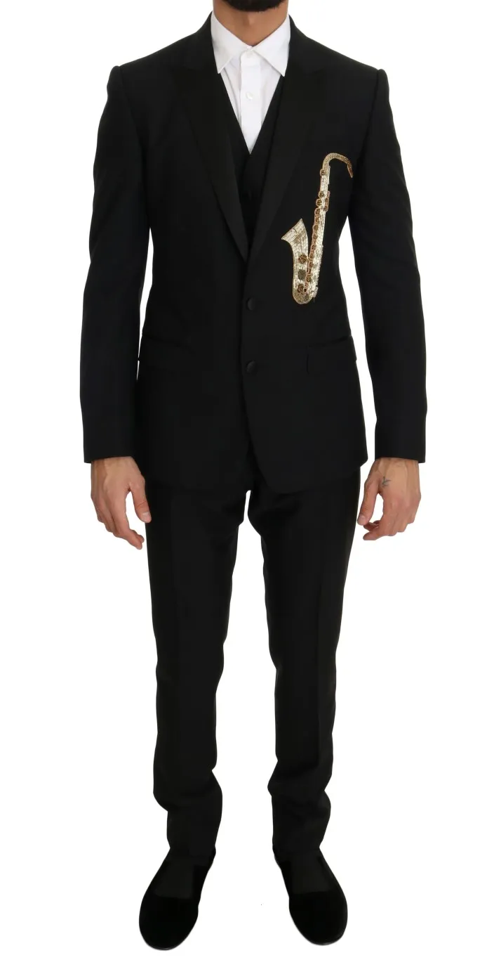 Dolce & Gabbana Men's Elegant Black Three-Piece Suit with Saxophone Embroidery