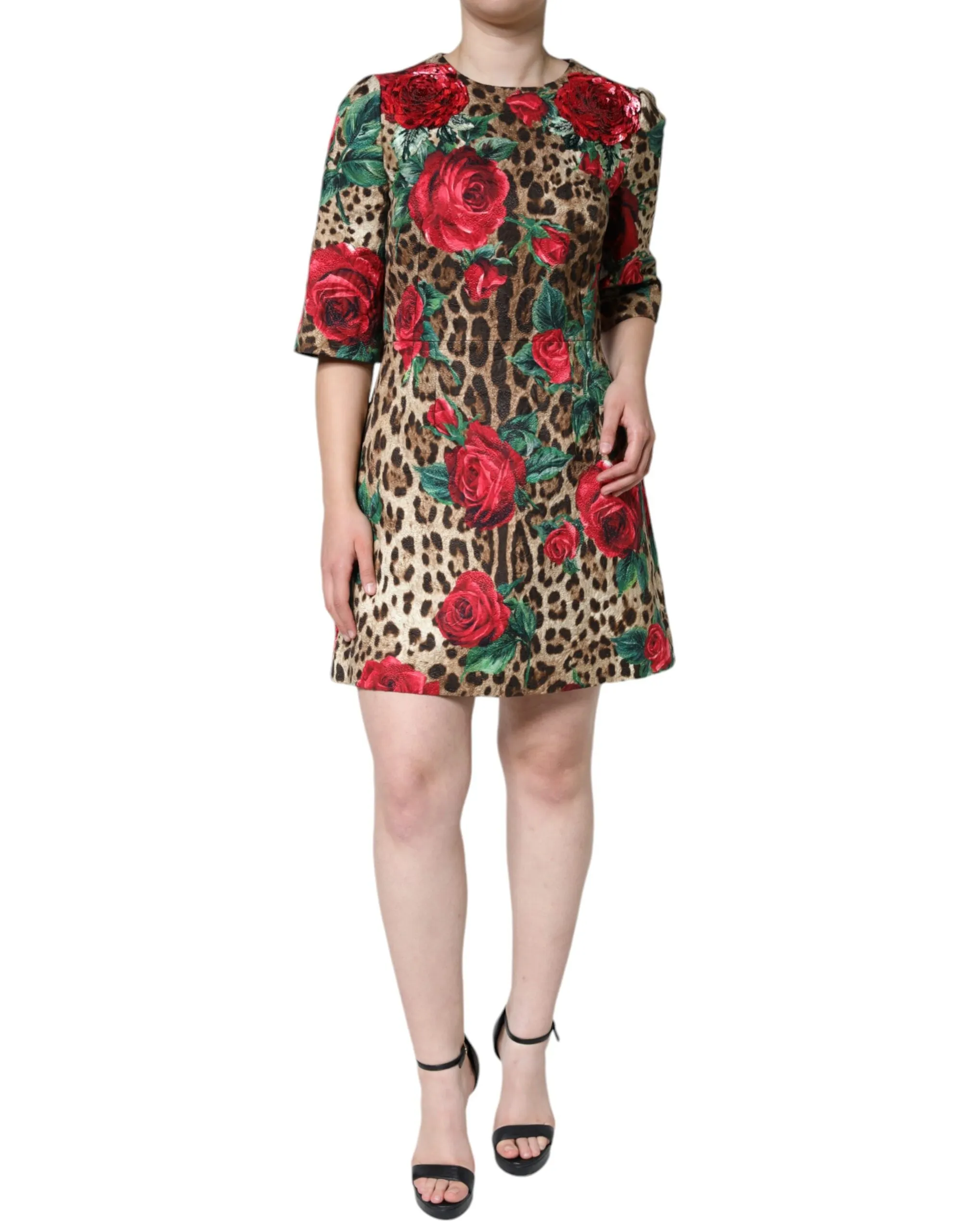 Dolce & Gabbana Women's Brown Leopard Red Roses Cotton A-line Dress