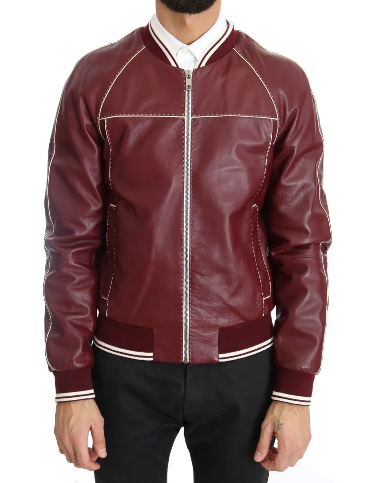 Dolce & Gabbana Men's Elegant Bordeaux Leather Bomber Jacket