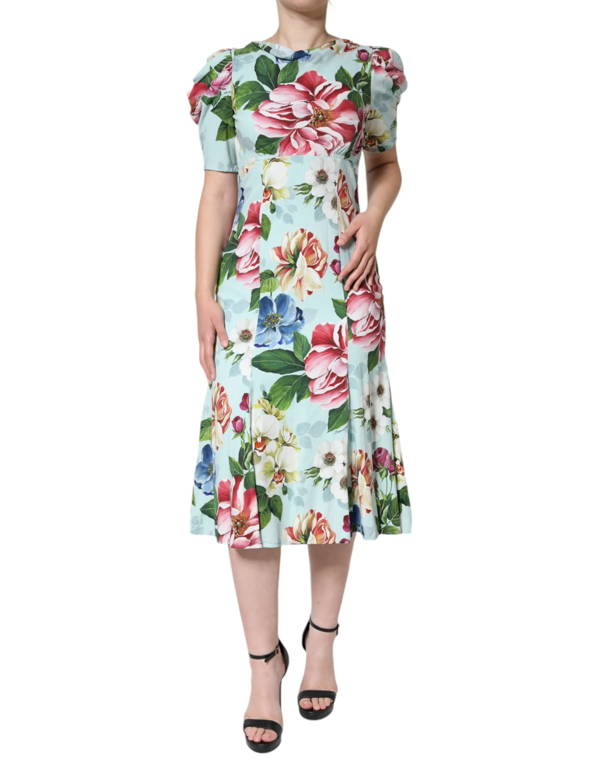 Dolce & Gabbana Women's Green Floral Short Sleeves Round Neck Dress