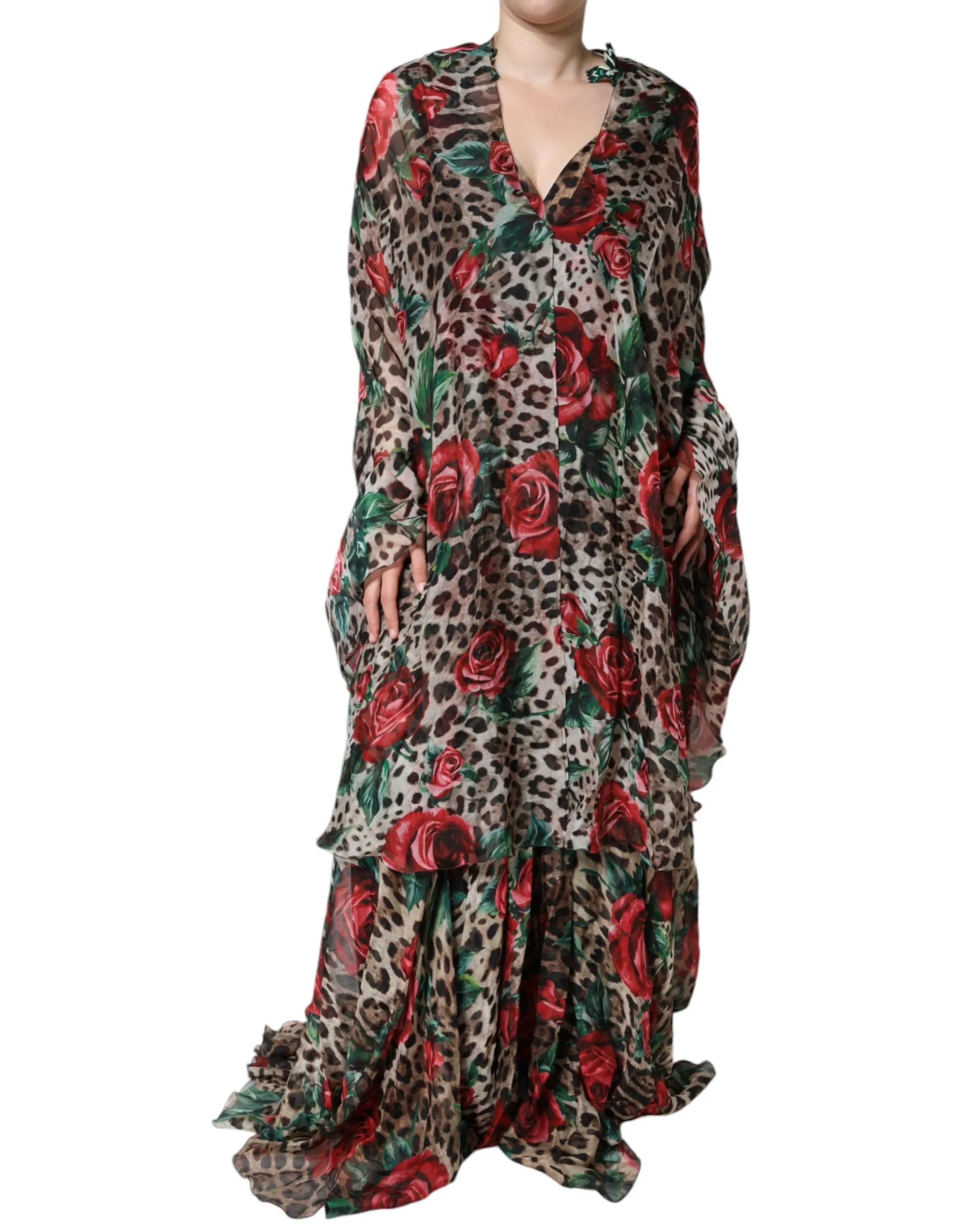 Dolce & Gabbana Women's Brown Leopard Red Roses Silk Long Gown Dress