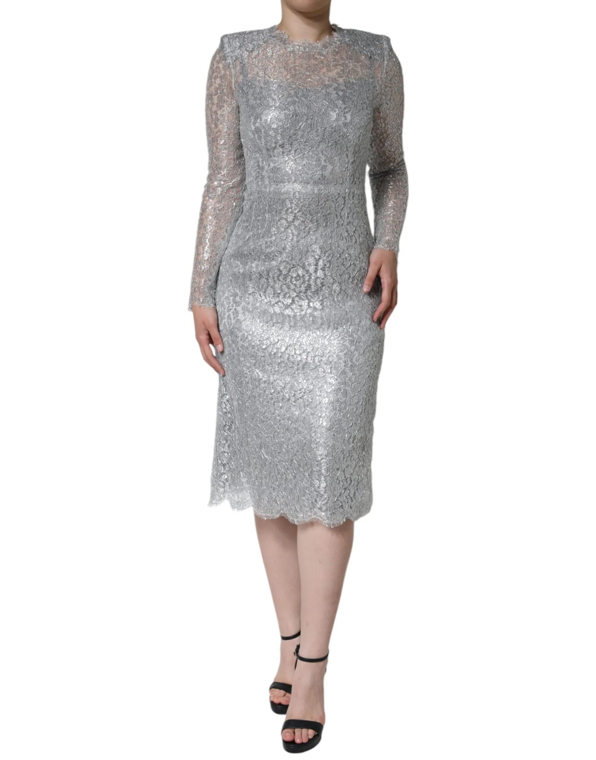Dolce & Gabbana Women's Silver Floral Lace Bodycon Sheath Midi Dress