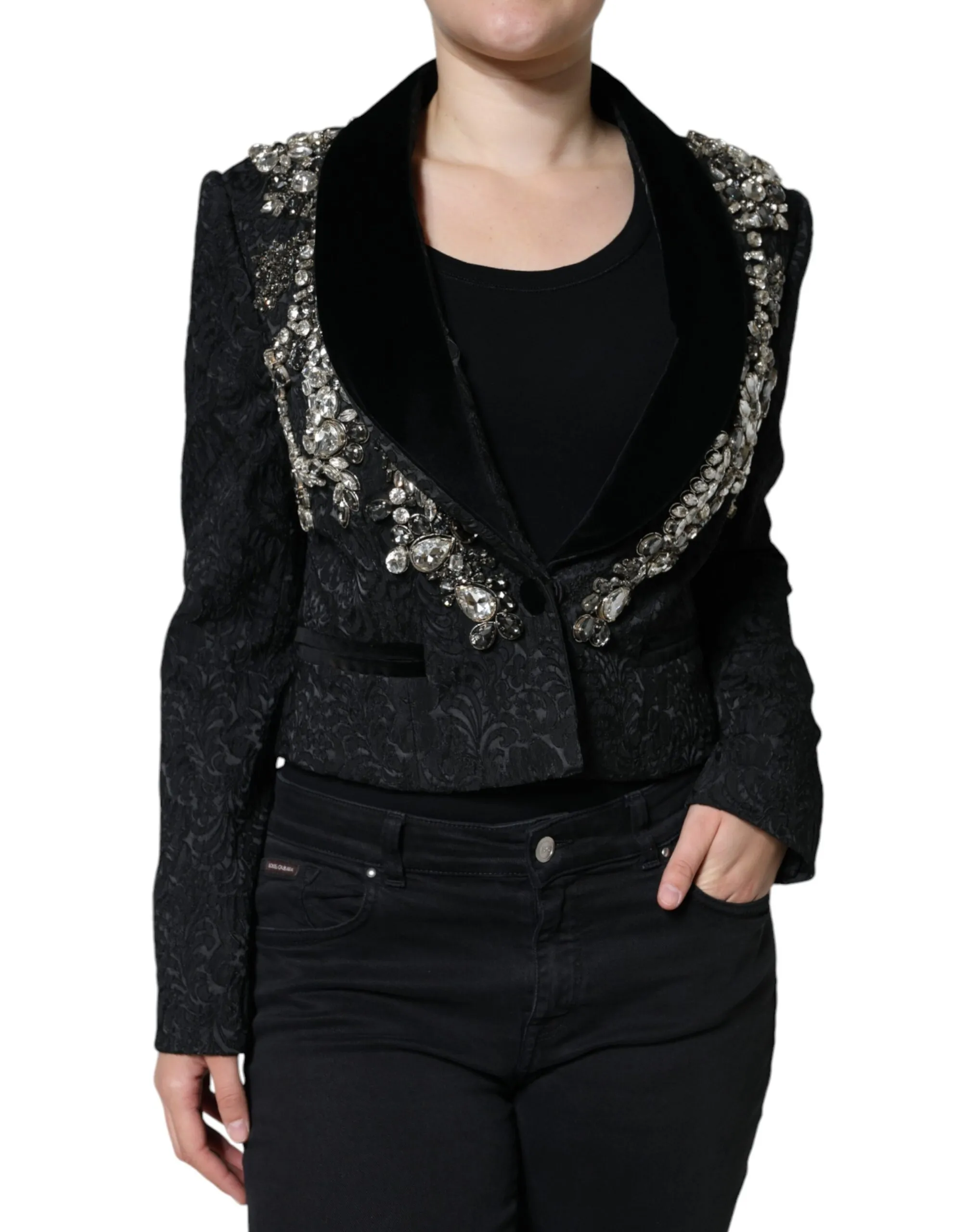 Dolce & Gabbana Women's Black Jacquard Crystal Floral Jacket Blazer