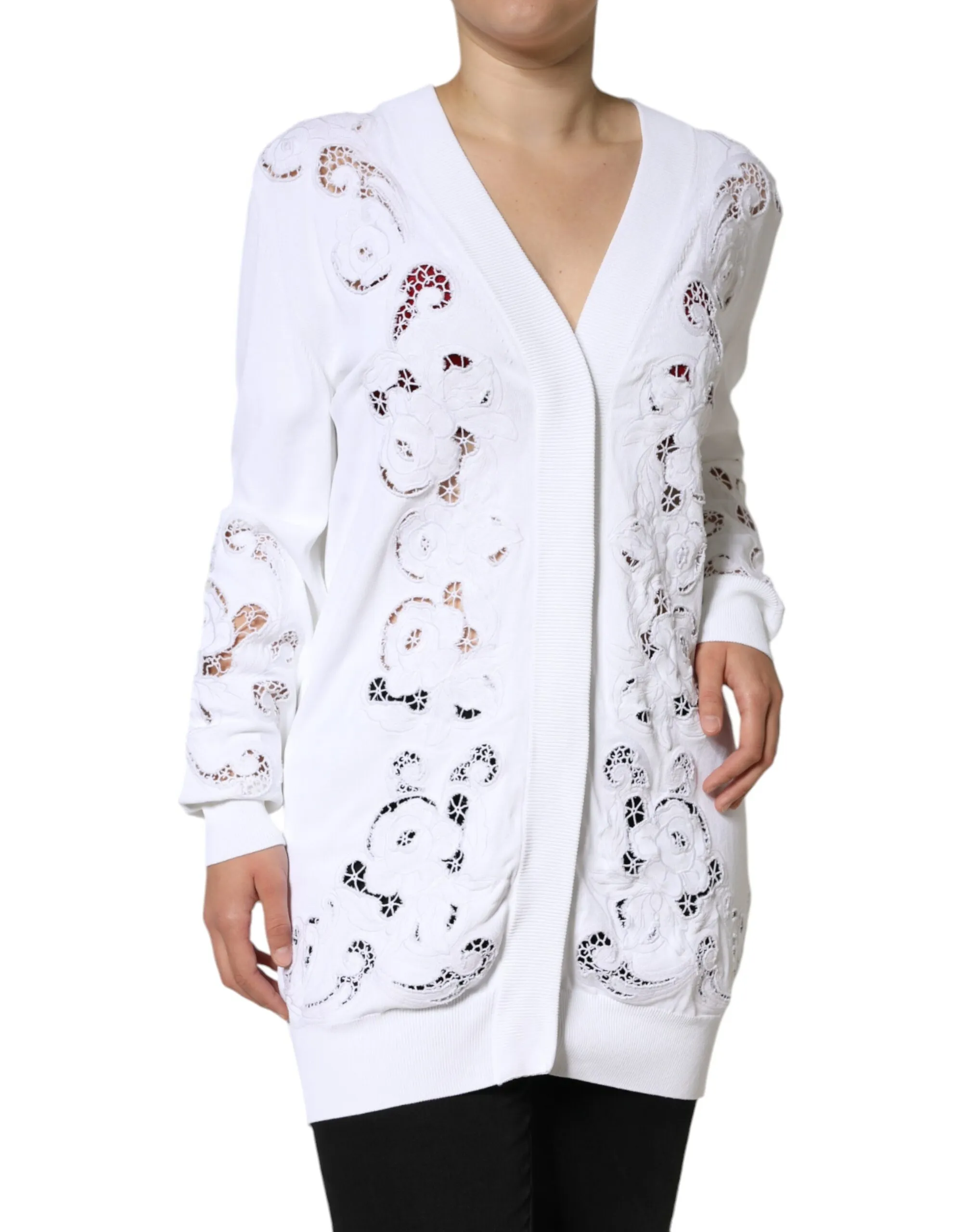 Dolce & Gabbana Women's White Viscose Floral Cut Out Cardigan Sweater