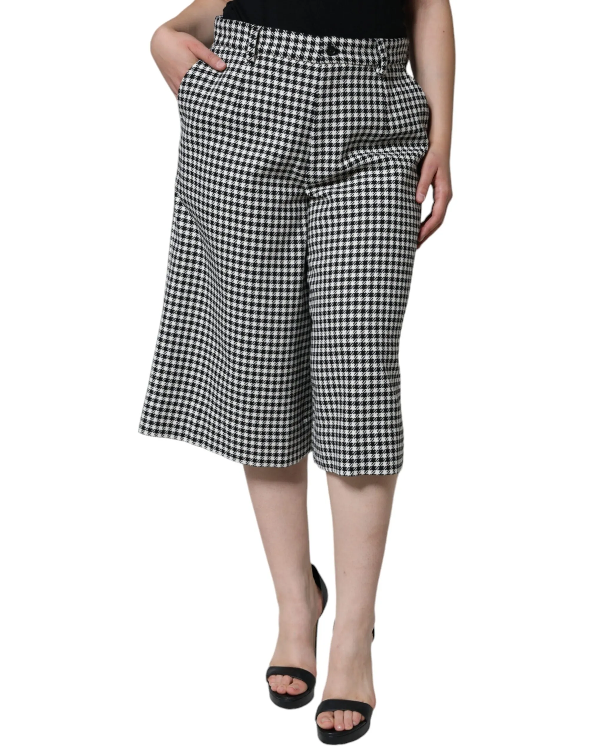 Dolce & Gabbana Women's Black White Houndstooth Cropped Wide Leg Pants