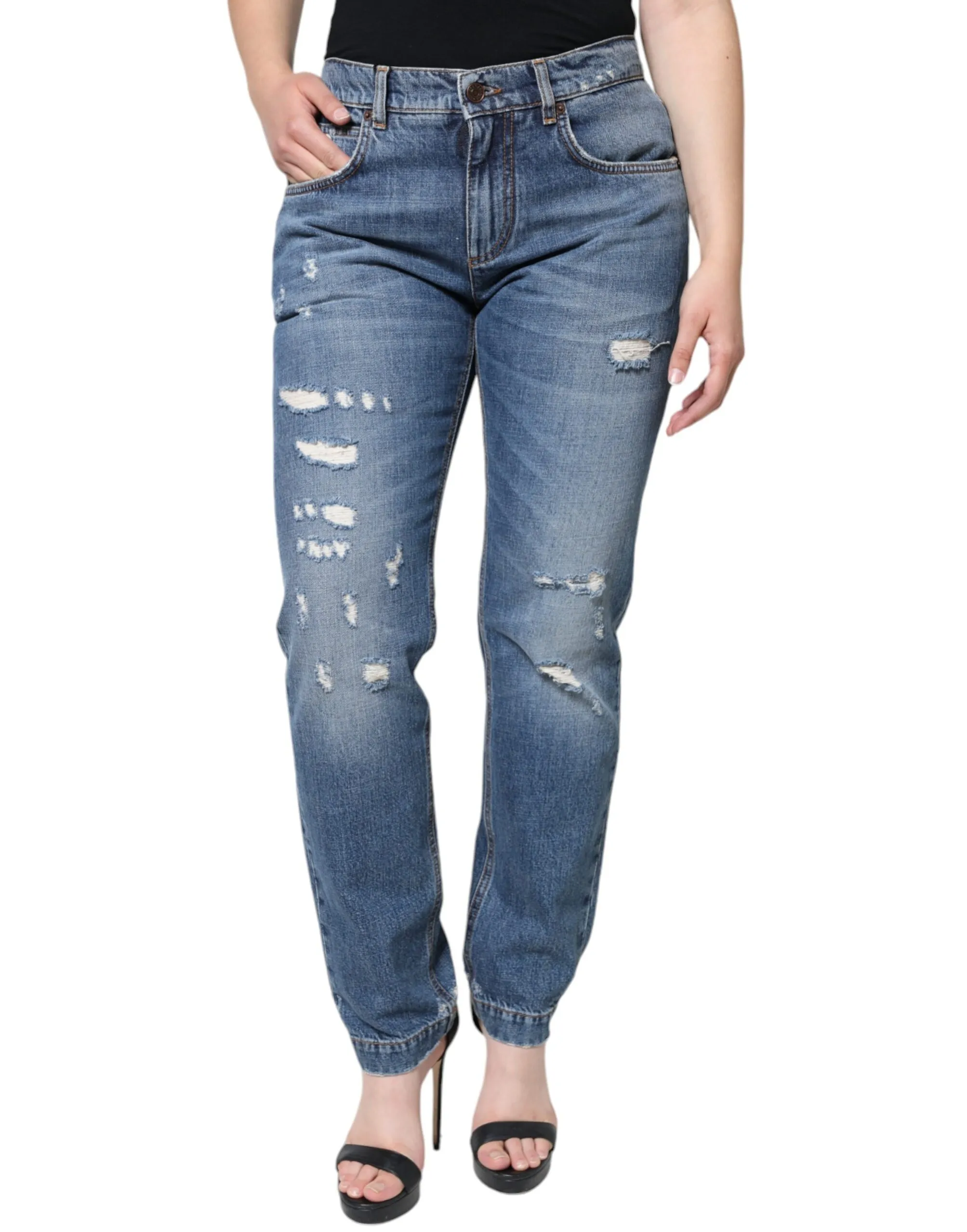 Dolce & Gabbana Women's Blue Cotton Tattered Boyfriend Denim Jeans