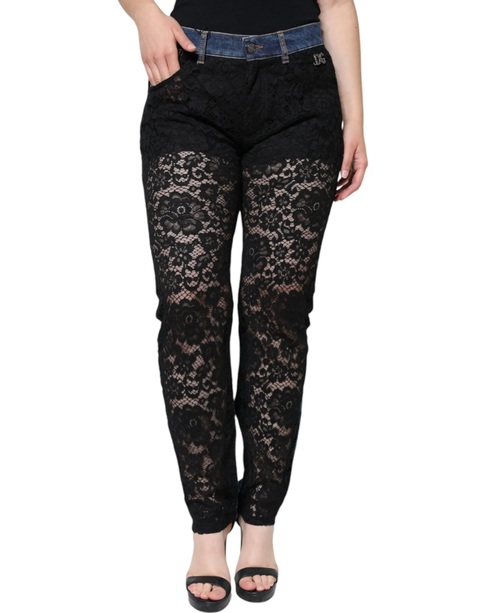 Dolce & Gabbana Women's Black Floral Lace Front Skinny Denim Jeans