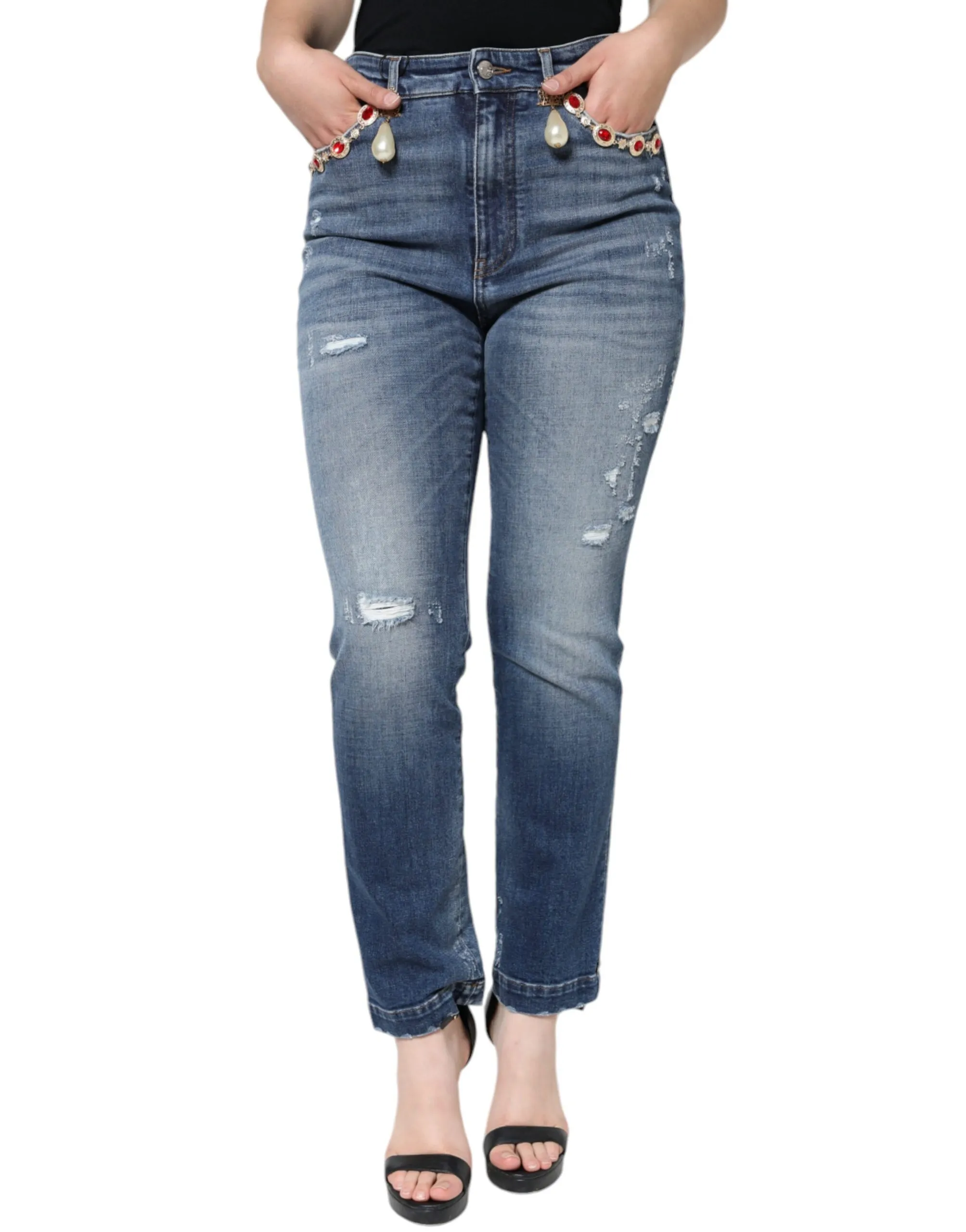 Dolce & Gabbana Women's Dark Blue Cotton Tattered Skinny Denim Jeans
