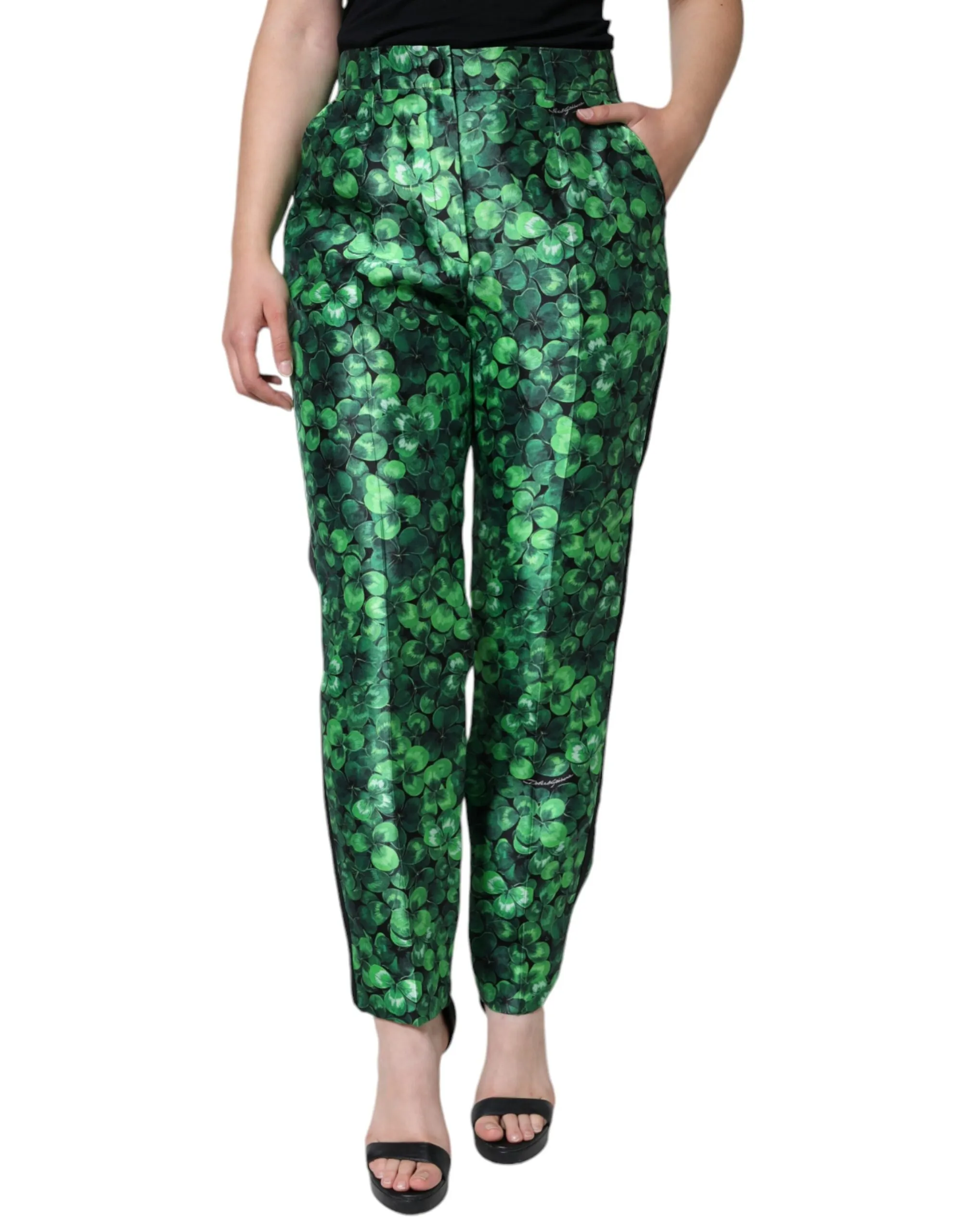 Dolce & Gabbana Women's Green Clover Silk Satin High Waist Tapered Pants