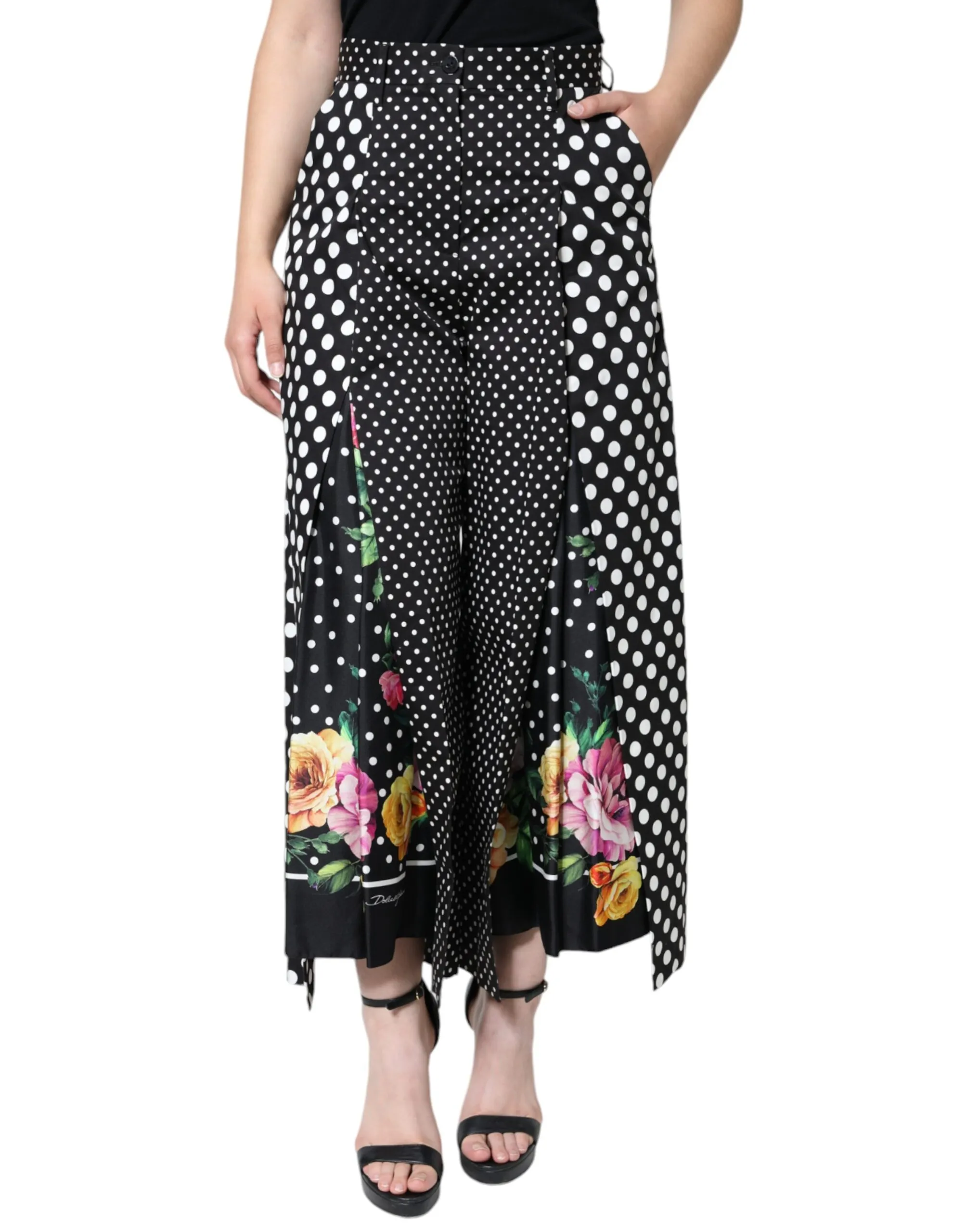 Dolce & Gabbana Women's Black Patchwork High Waist Wide Leg Pants