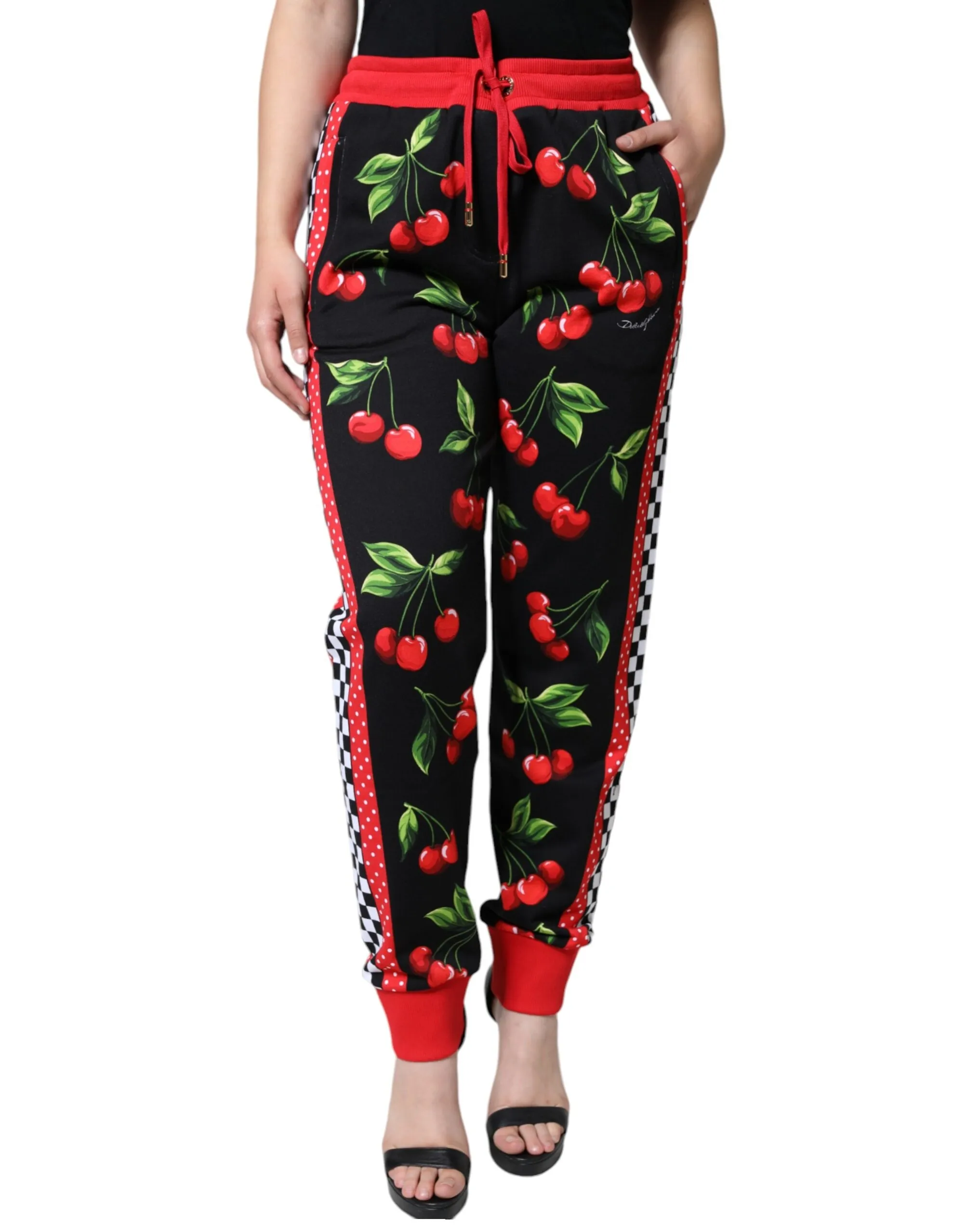 Dolce & Gabbana Women's Black Red Cherry Mid Waist Jogger Pants